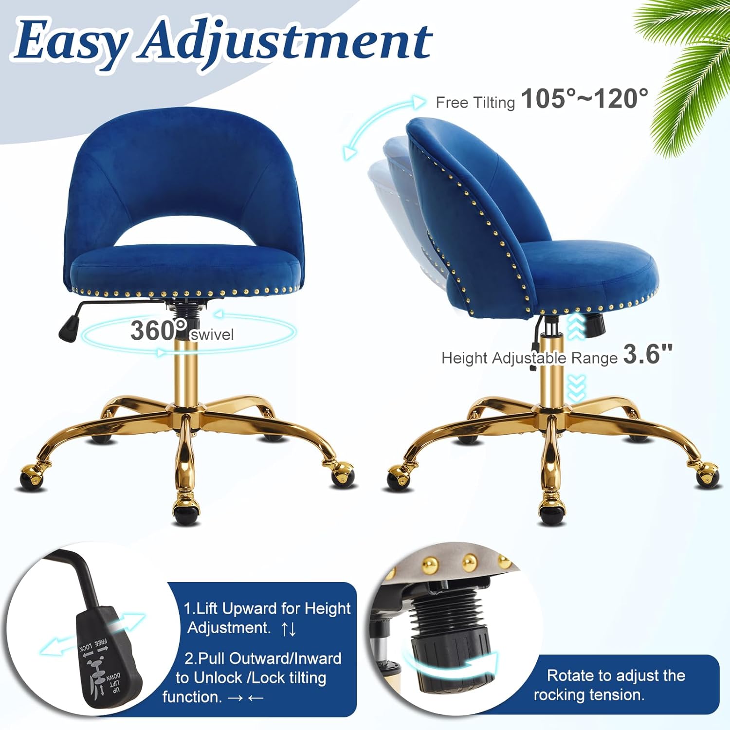 VINGLI Modern Velvet Small Office Chair,Cute Desk Chair with Wheels,Gold Base/Studs, Comfy Armless Swivel Vanity Task Chair for Women/Girl/Kids, Nail Tech Chair for Bedroom,Small Space,Navy Blue