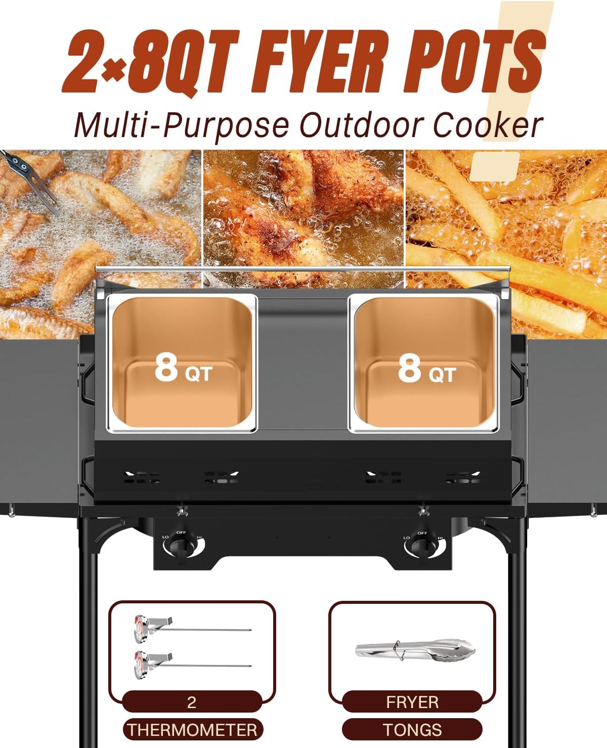 Outdoor Propane Deep Fryer | Dual-Tank Commercial Fryer | 2x8QT Stainless Steel Pots with Baskets & Lids | 40,000 BTU Independent Cast Iron Burners | Side Tables, Thermometers & Tongs