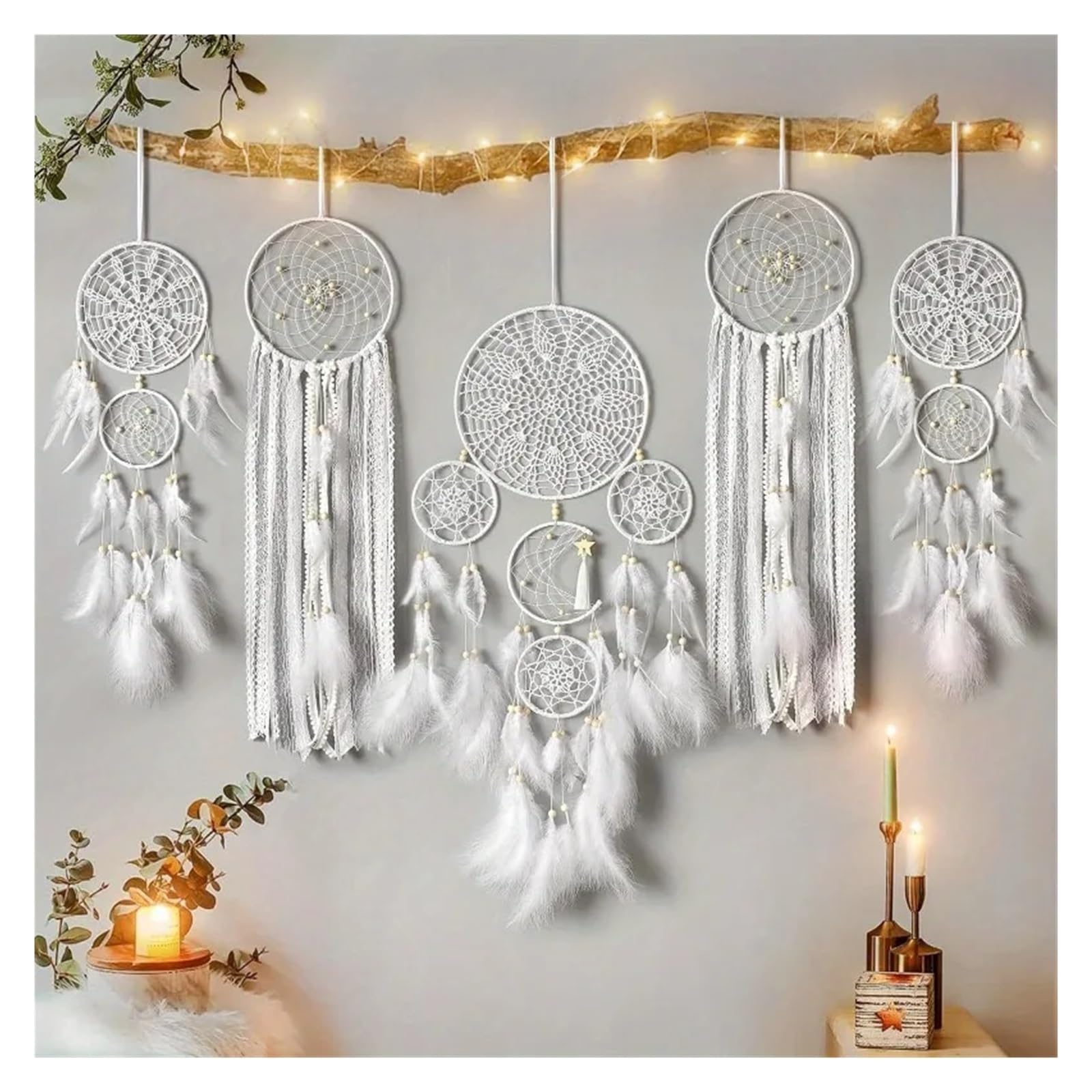 Atrapasueños Paquete de 5 atrapasueños Hechos a Mano, decoración for Colgar en la Pared, atrapasueños de Plumas Tradicionales Hechos a Mano(White)