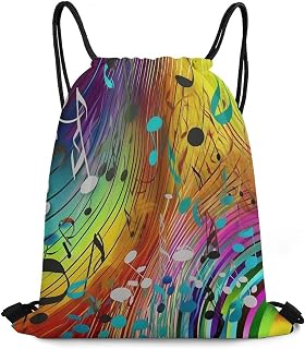 Drawstring Backpack Foldable Gym Bag Drawstring Bags for Sports String Bag | Music Notes in Rainbow Colored Backpack Lightweight Cinch Bag Foldable Sackpack for Men Women String Backpack for Travel Yoga