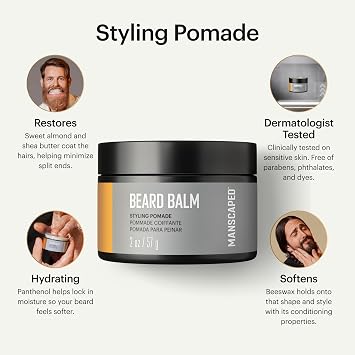 MANSCAPED Beard Balm, Styling Pomade with Shea Butter, Coconut Oil & Beeswax - Moisturizes, Softens, Strengthens & Shines Beards, Mustaches & Facial Hair, for Sensitive Skin, (2 oz) 1-Pack