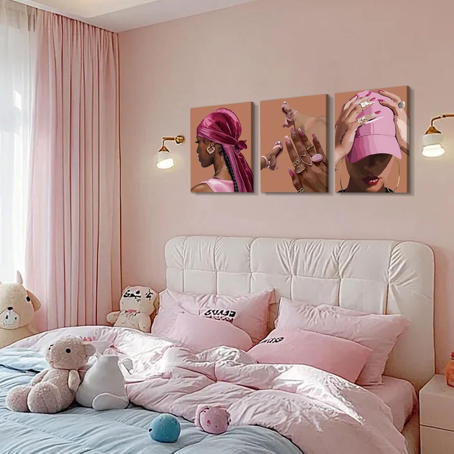 AIOCDIT Pink Bathroom Wall Art Canvas Prints Black Women Framed Posters,African American Aesthetics Bedroom Painting Wall Decor Set of 3 (12" x16)