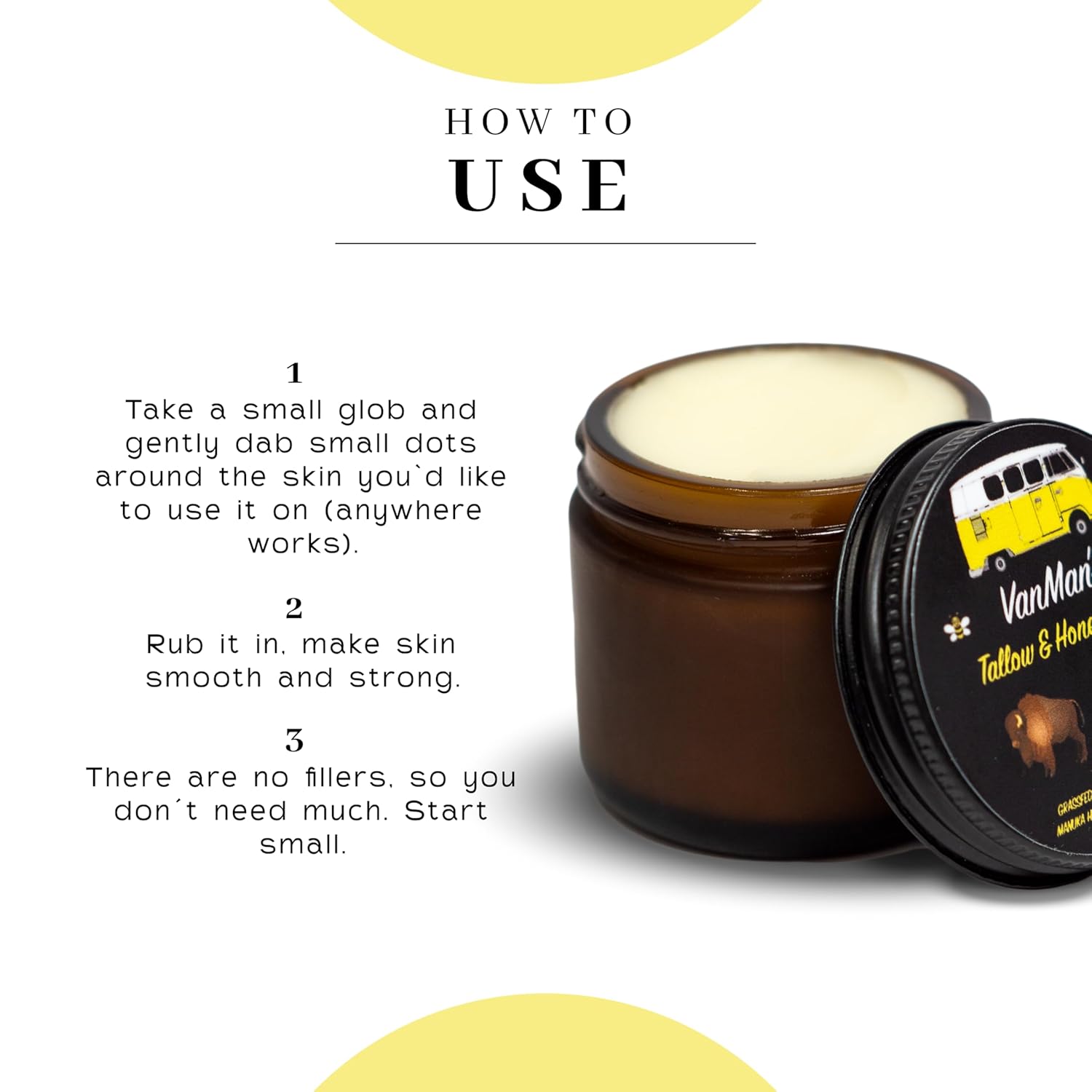 Vanman’s Tallow and Honey Balm - Grass-Fed/Finished Bison Tallow and Essential Oils, Raw Manuka Honey, Organic Royal Jelly, Beeswax, Cold Pressed Olive Oil - Tallow Skin Care for Dry Skin - 2.4 oz