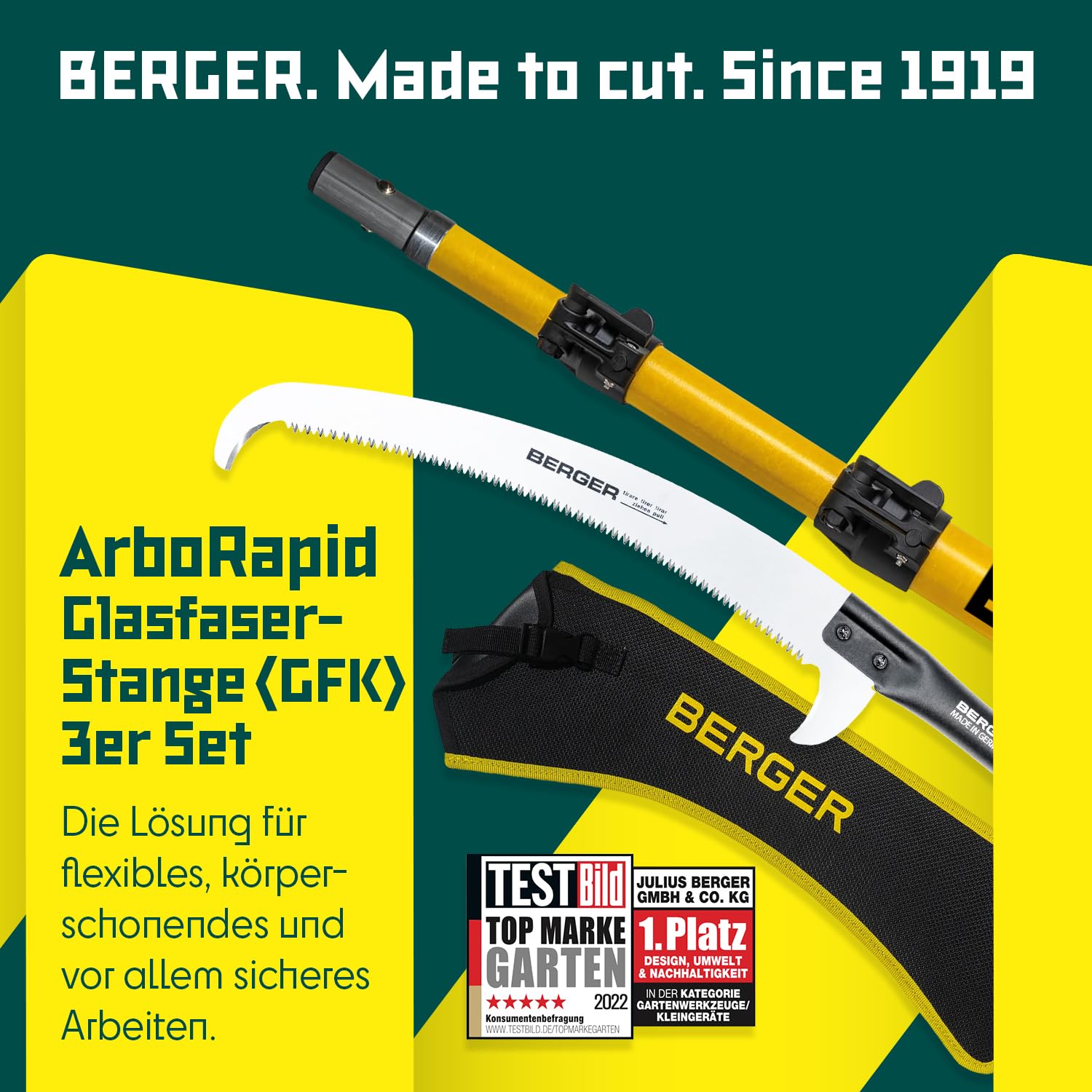 BERGER ArboRapid Set 77039 | Teleskop Astsäge für Profis | Teleskopsäge 6,65m Arbeitshöhe | Hochentaster aus Glasfaser | Baumsäge inkl. Tasche & Aufsatzsäge | Astsäge Teleskop zertifiziert & geprüft