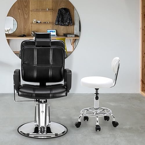 Miniatura 5 de Goujxcy Taburete multiusos para salón, taburete giratorio ajustable con cojín trasero y ruedas, perfecto para salón de belleza, spa, tatuaje,