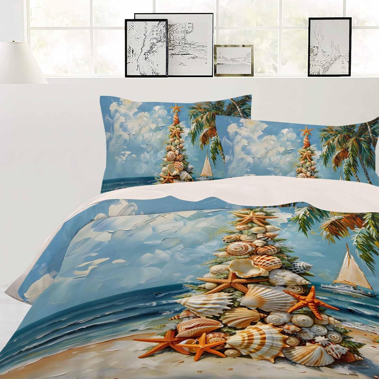 DecorLovee Coastal Christmas Tree Duvet Cover Set 3 Pieces with Zipper Closure, Nautical Beach Seaside Xmas Bedding Sets 1 Duvet Cover & 2 Pillow Cases, Comforter Cover Set Duvet Cover California King