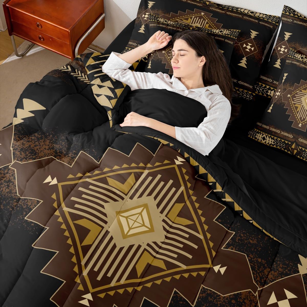 Castle Fairy Southwest Boho Kids 7 Pieces Comforter Set Queen Size,Vintage Native American Tribal Aztec Reversible Quilt Set,Abstract Black Brown Bedding Set with Comforter,Sheet,Pillowcase