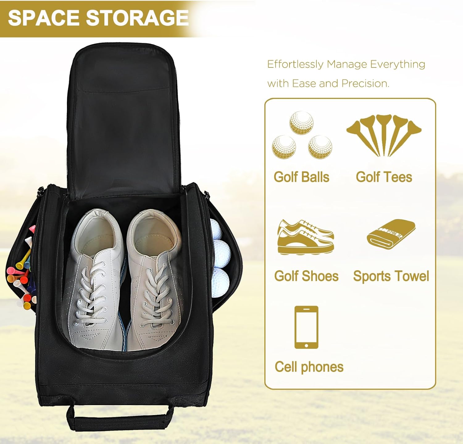 Goloni Golf Shoe Bag for Men & Women, Padded Travel Shoe Bag with Side Accessory Pockets,Sport Shoe Carrier for Golf Shoes,Socks,Tees & Balls,Durable & Lightweight Design(Black) - Image 3