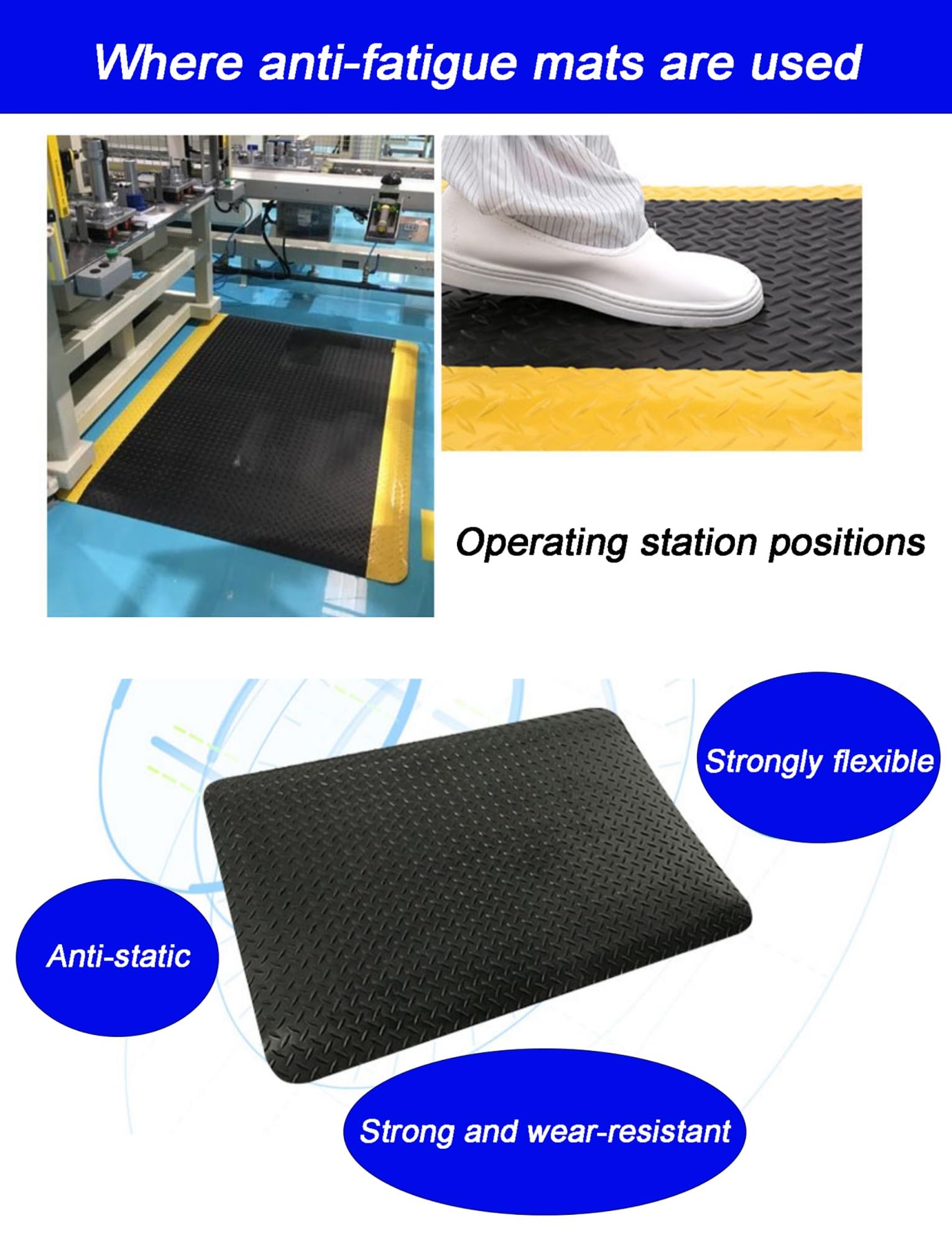 Tapis anti-fatigue | Tapis de sol antidérapant en caoutchouc robuste pour atelier, garage, cuisine et utilisation commerciale | 20 mm d'épaisseur Motif plaque de diamant