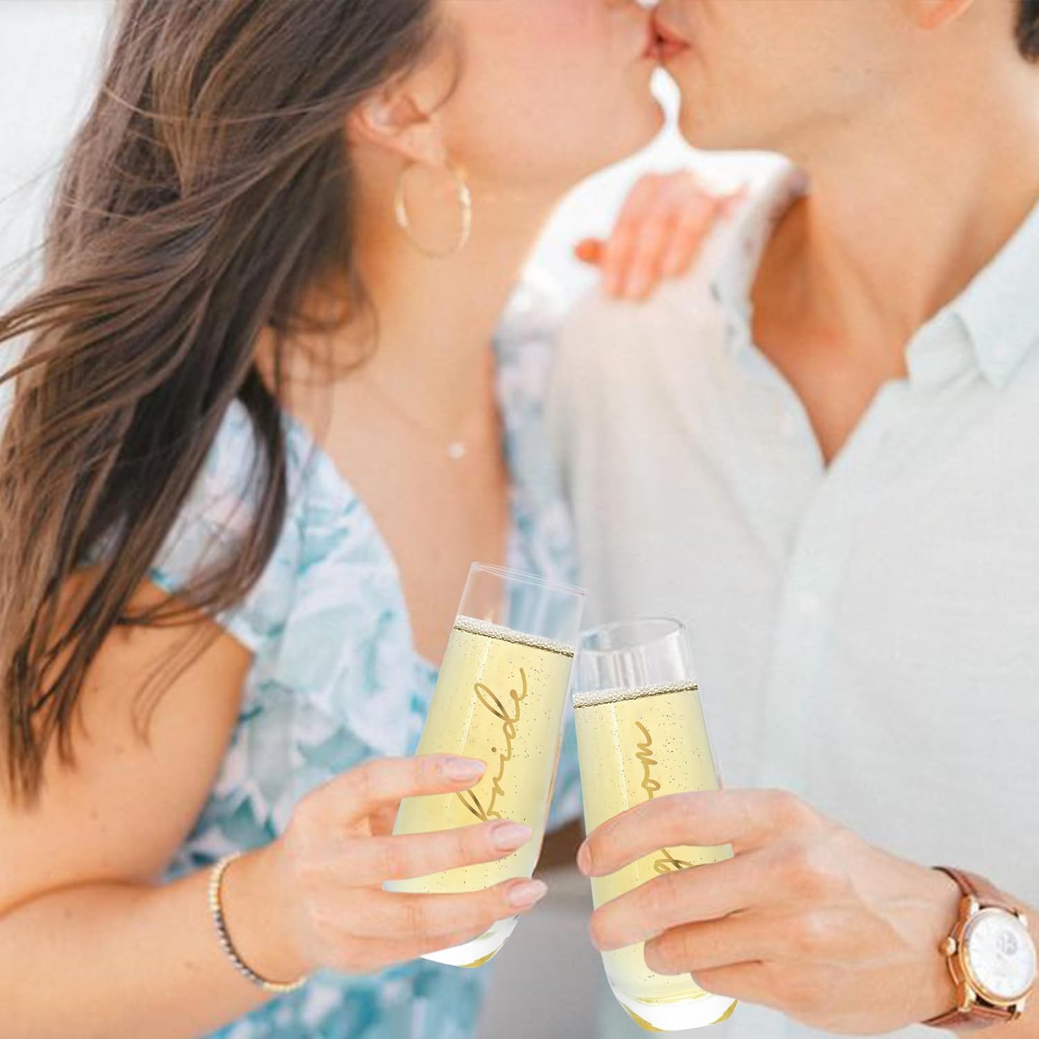 LADY&HOME Bride and Groom Stemless Champagne Flutes Set of 2, 10oz Mr and Mrs Champagne Glasses for Wedding Newlyweds Engagement(Bride and Groom) - Image 8