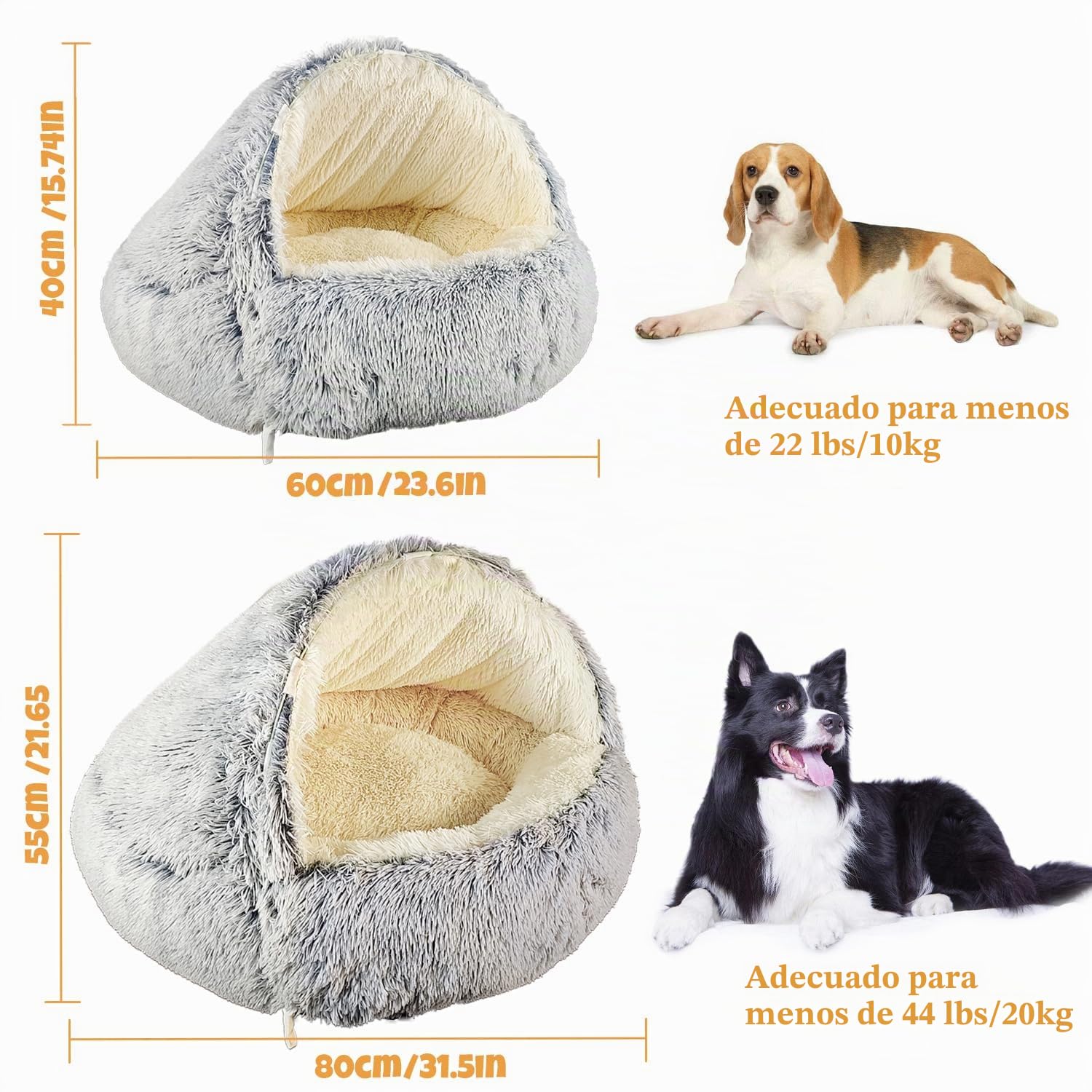 SUOXU Cama para Perros con Capucha y Soportes, Cama de Felpa de Lujo para Perros medianos y pequeños (L-80CM)