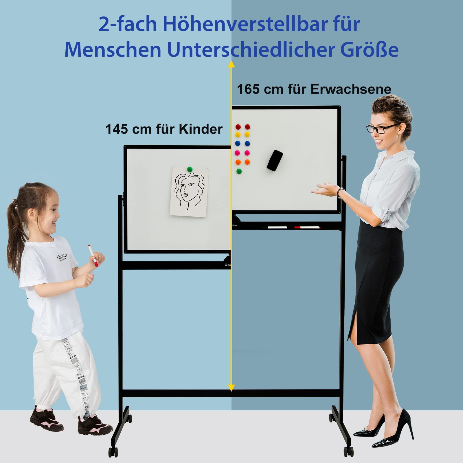 COSTWAY Mobiel Whiteboard 120 x 60 cm - Dubbelzijdig Magnetisch Met Standaard en Wielen, Droog Afwasbaar, Verstelbaar Incl. Accessoires voor Thuis, Kantoor en School, Zwart