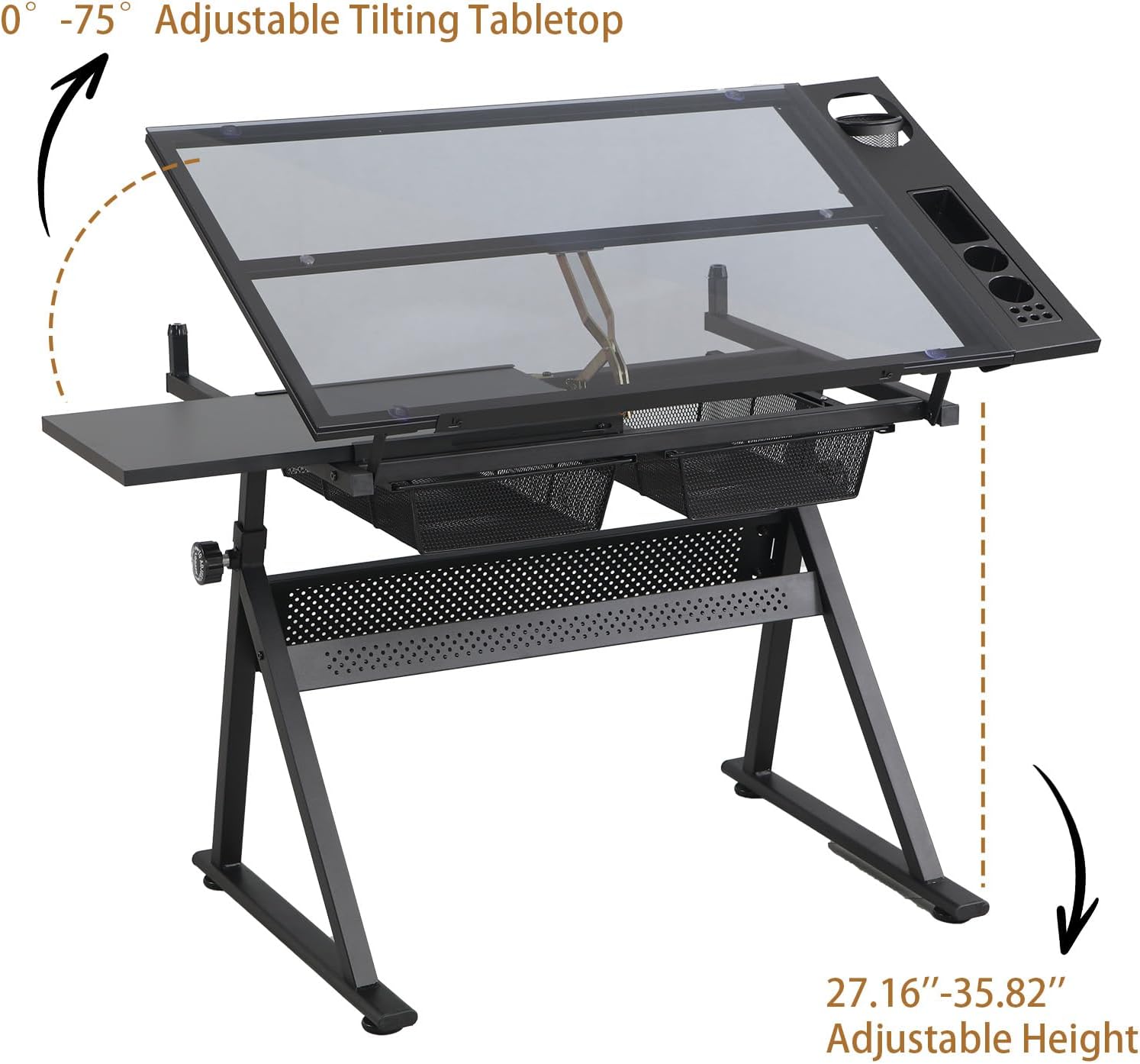 Drafting Table with Stool, Height Adjustable Art Desk with Tilting Tempered Glass Tabletop, Expansion Board, and Multi-Storage, Drawing Table for Studio, Artists, Home Office, Painters, Black