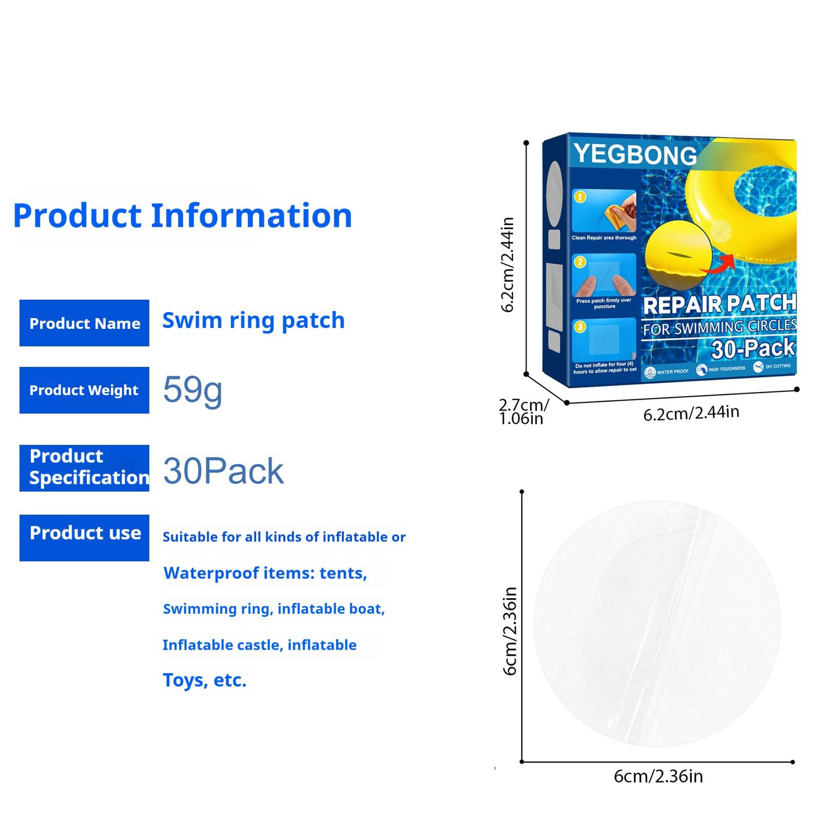 yunxinqiao Three-Piece Swimming Ring Repair Kit, Self-Adhesive Waterproof Patches, Inflatable Boat Liner Sealing Stickers