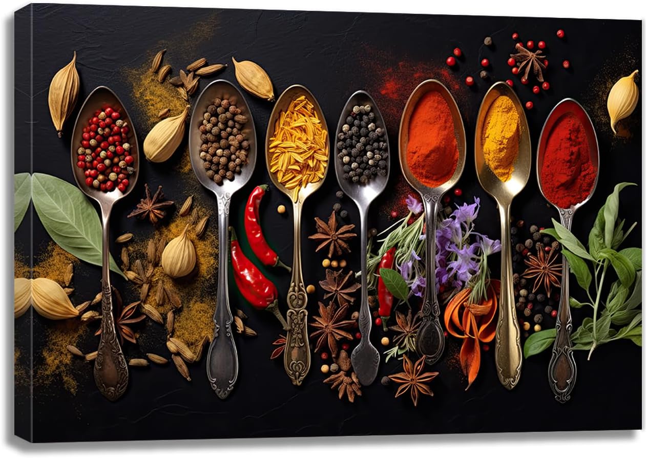 QIXIANG Kitchen Canvas Wall Art - Colorful Spices in Spoon Pictures Food Painting Prints - Dining Room Home Decor Framed (Spice 4, 16.00" x 24.00")