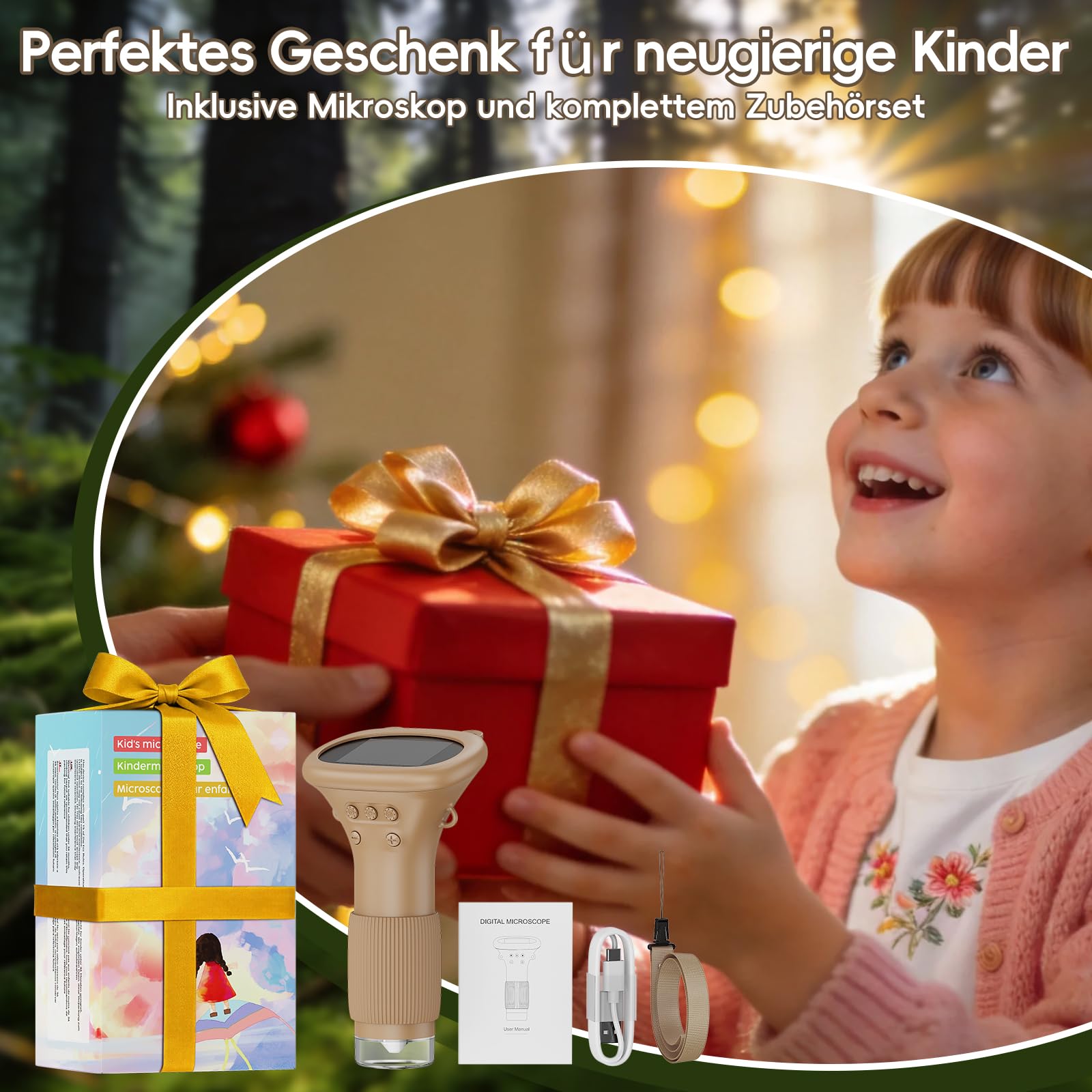 Mikroskop für Kinder - Tragbares Kinder Mikroskop 1000X, Braun | 1000X Taschenmikroskop mit Digitalem HD-Bildschirm [Inkl Fotofunktion] für Garten, Wald, Experimente & Geschenk, Kinder