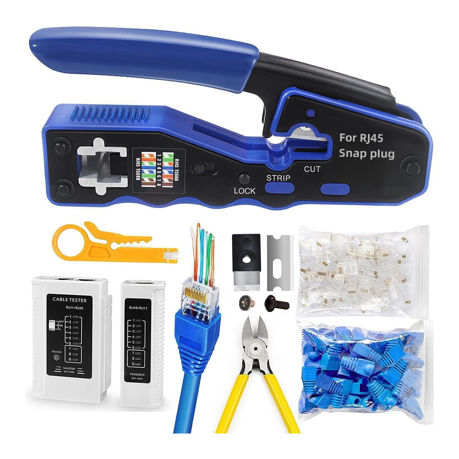 NEWFUN Pince RJ45, Pince à sertir RJ45, testeur RJ45, Testeur de Réseau, Pince à dénuder, Installation Professionnelle de Réseau, Cat5 Cat5e Cat6 Kit d'outils de Sertissage, 20 x Connecteurs RJ45