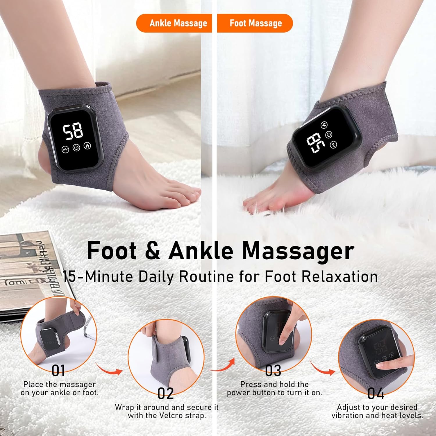 Foot Renew Triple Method Massager, Cordless & Portable Ankle Massager, With Three Levels of Vibration and Heating, Relieves Foot and Ankle Discomfort, Suitable for Home and Travel Use (2pcs)