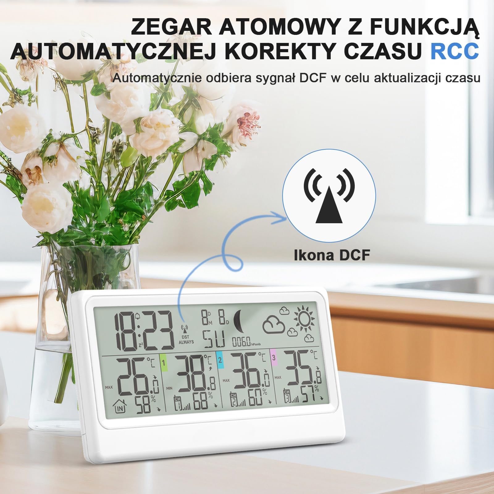 Bezprzewodowa stacja pogodowa z 3 czujnikami zewnętrznymi, 8,5-calowy wyświetlacz LCD z termometrem, higrometrem, barometrem, prognozą pogody, fazami księżyca, budzikiem, funkcją drzemki i RCC