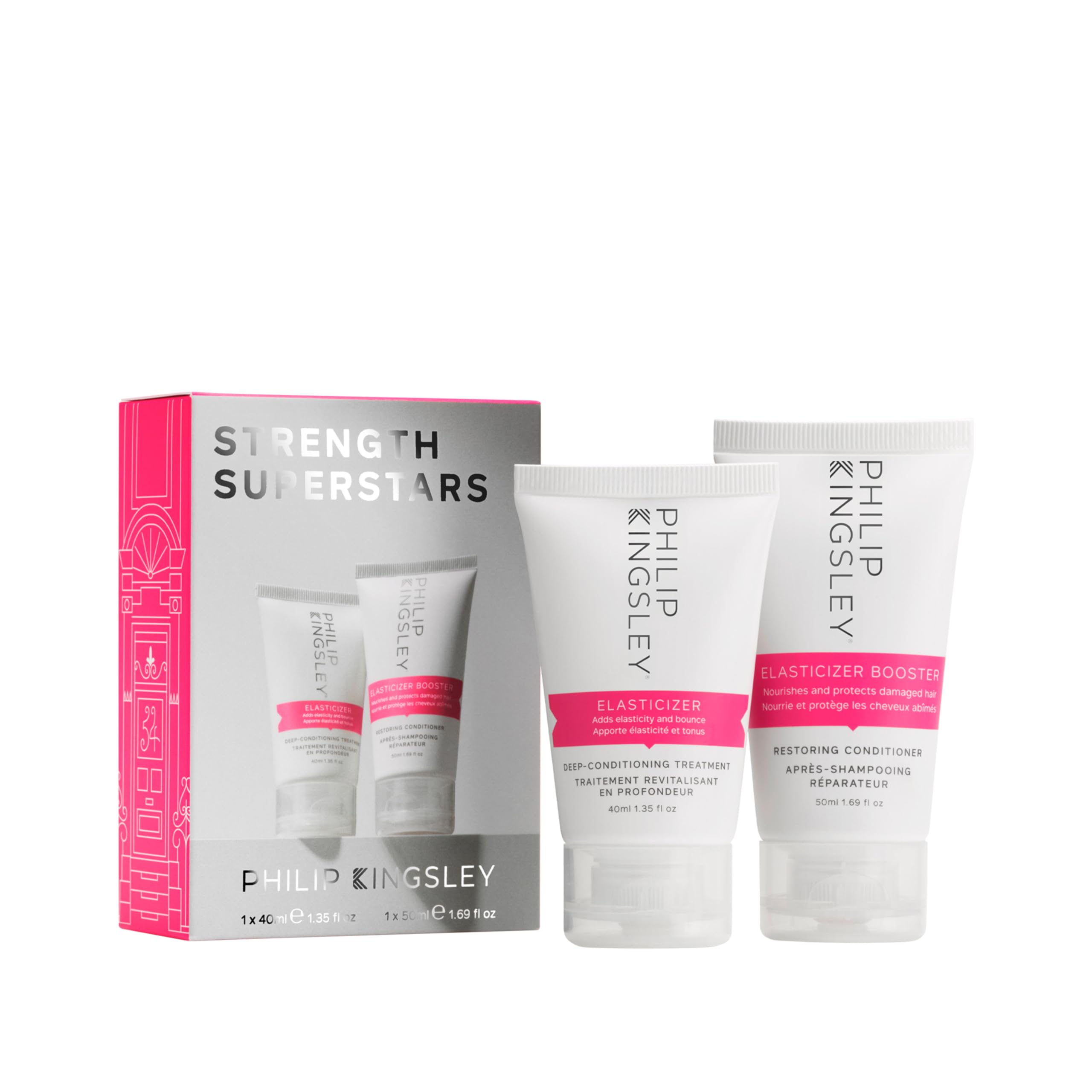PHILIP KINGSLEY | Stocking Filler: Strength Superstars Gift Set | Elasticizer & Elasticizer Booster | Hair Treatment Duo to Hydrate, Strengthen & Add Shine | 40ml & 50ml