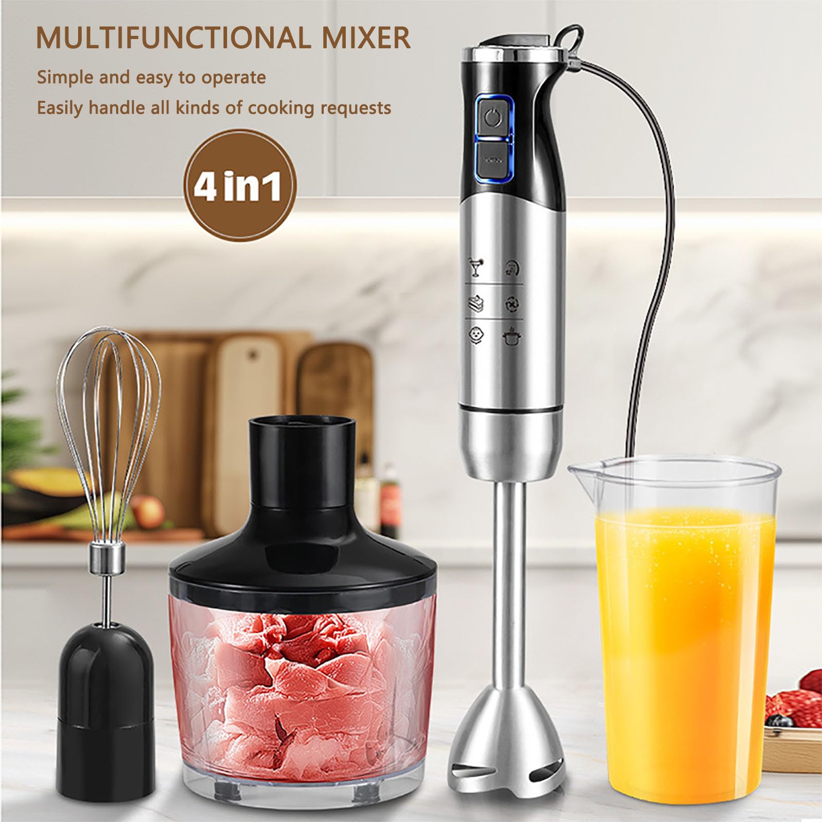 Blender ręczny, blender kuchenny 4 w 1, moc 1000 W, 12 zmiennych prędkości, w tym ubijaczka do jajek, spieniacz do mleka, miarka, kubek do siekania, nadaje się do zup i koktajli