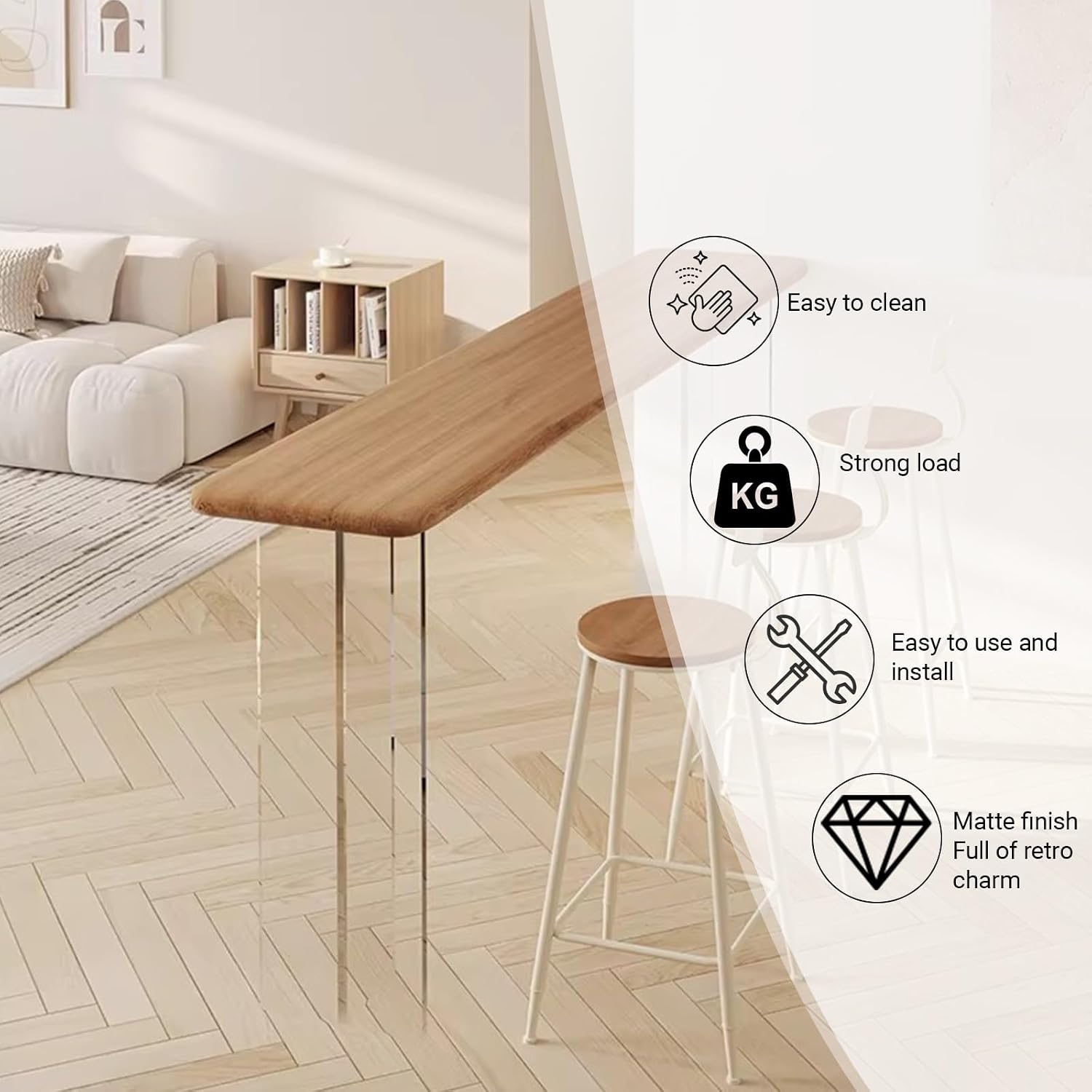 Narrow Bar Table,Solid Wood Bar Height Table,Acrylic Table Legs, Large Straight-Jointed Panels, Clear Wood Grain,Solid Wood Tabletop,for Restaurant, Coffee Shop.(47.2 * 17.7 * 41.3in)