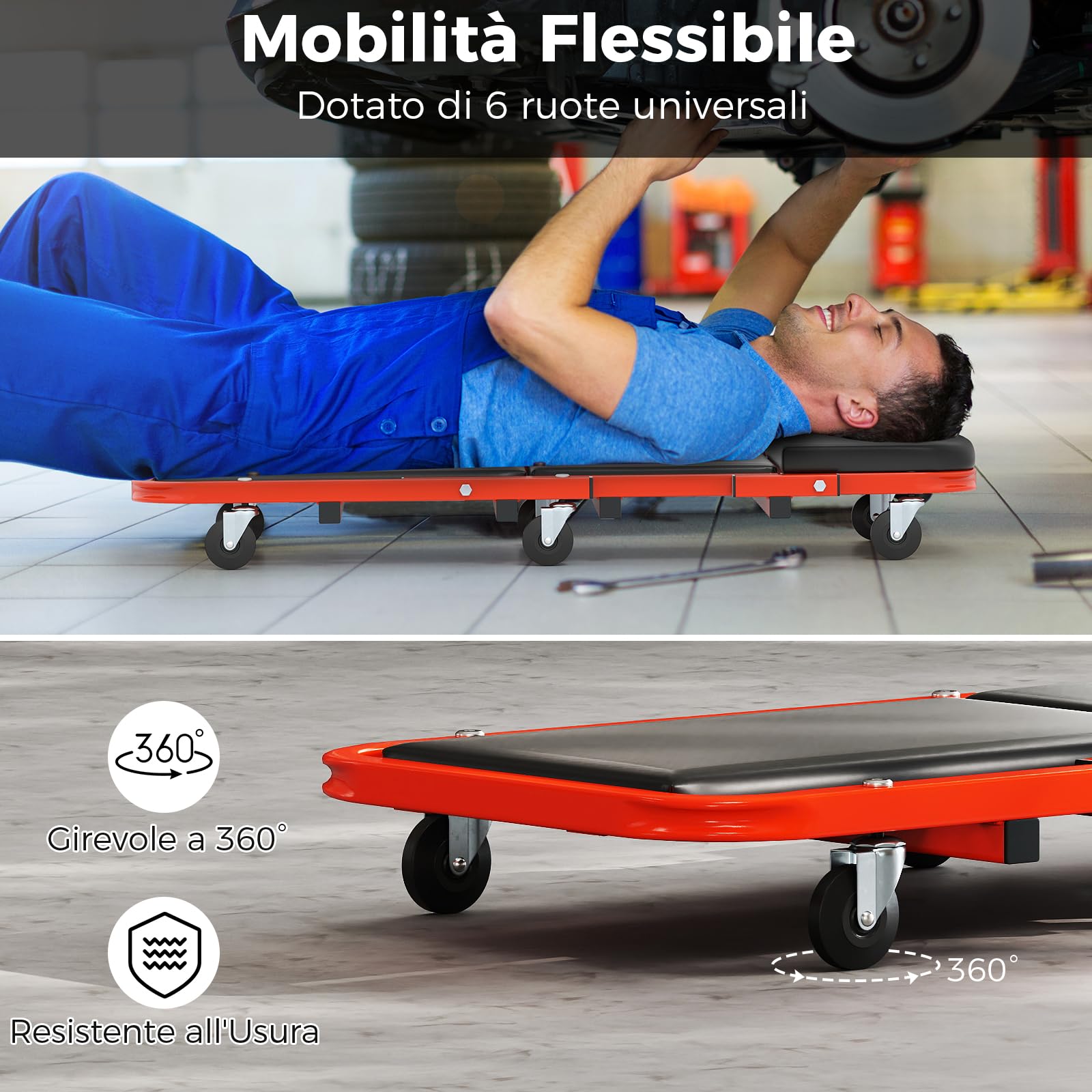 COSTWAY 2 in 1 Sgabello da Officina a Forma di Z, Carrello Meccanico sotto Auto con Sedile Imbottito e Ruote Girevoli a 360°, Portata 160 kg, per Garage e Officina (Nero)