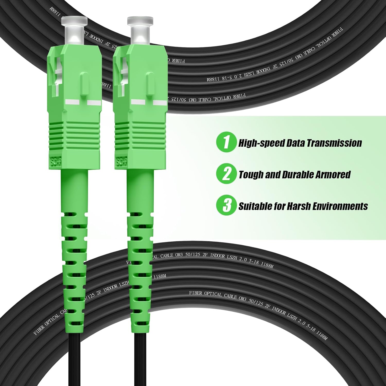 Fibergaga-200M(656ft) Outdoor Armored OS2 SCA to SCA Fiber Optic Cable,Singlemode Patch Cable，Simplex,9/125µm Direct Burial,Fiber Optic Internet Cable,OD-3MM LSZH Black