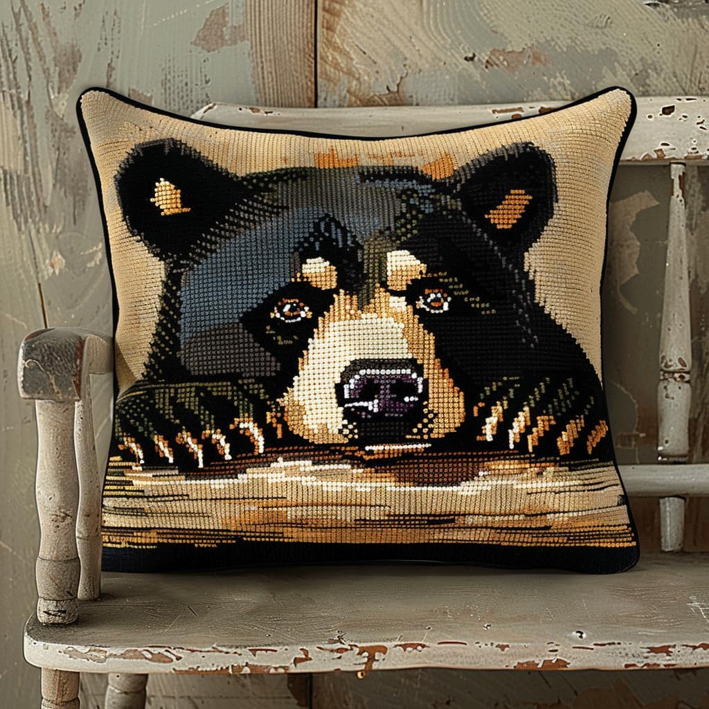 Walluminati DIY 11CT Stamped Cross Stitch Pillow Kits, Animal Black Bear Needlepoint Pillow Kit Embroidery Pillowcase Counted Needlepoint Handmade Cushion Cover Home Sofa Decoration 18x18inch