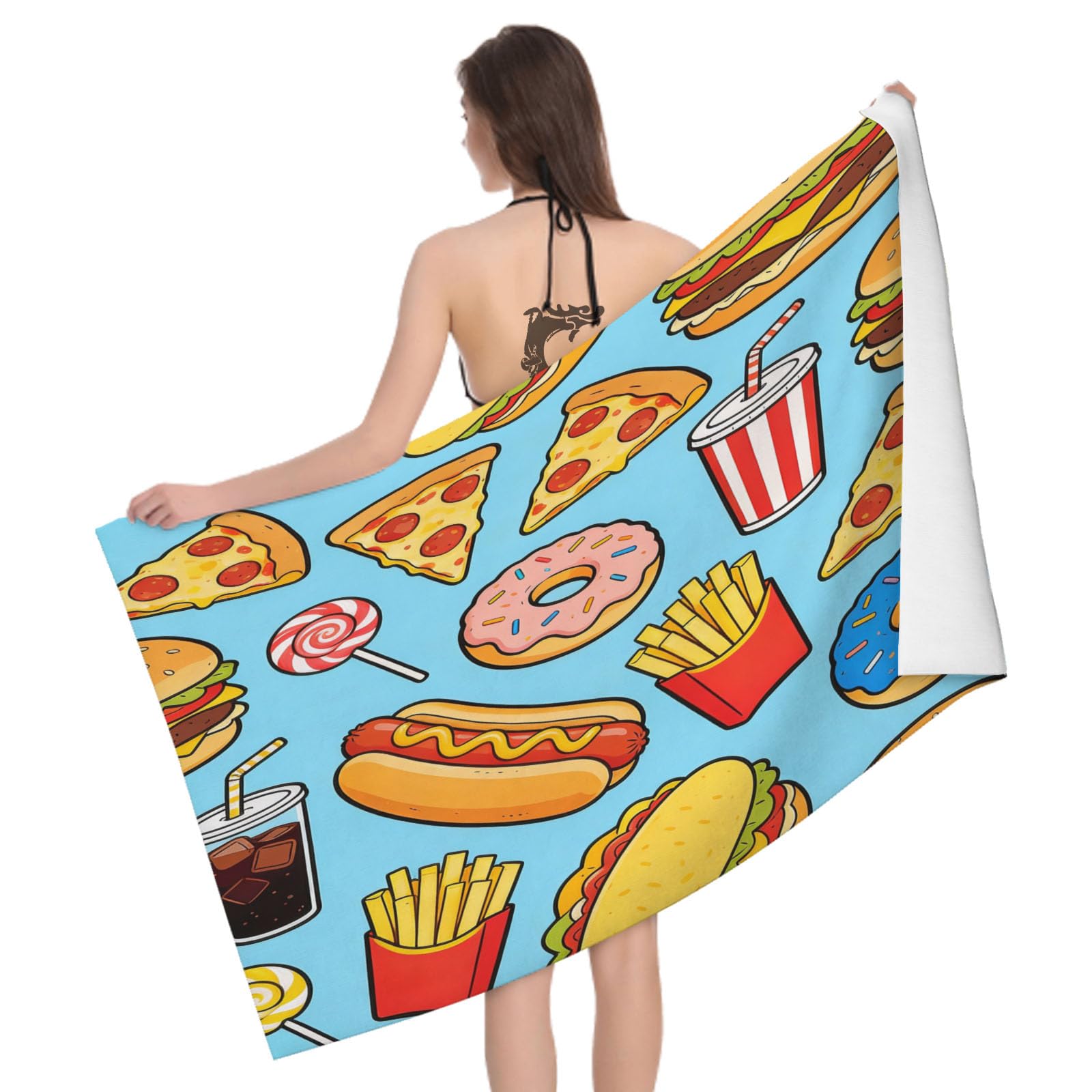 Leichong 3D Hamburger Beach Towel Large Microfiber Soft Quick Dry for Adults, Cartoon Bath Towel Lightweight Soft Absorbent for Travel Swimming Pool Sports, 180 x 90 cm