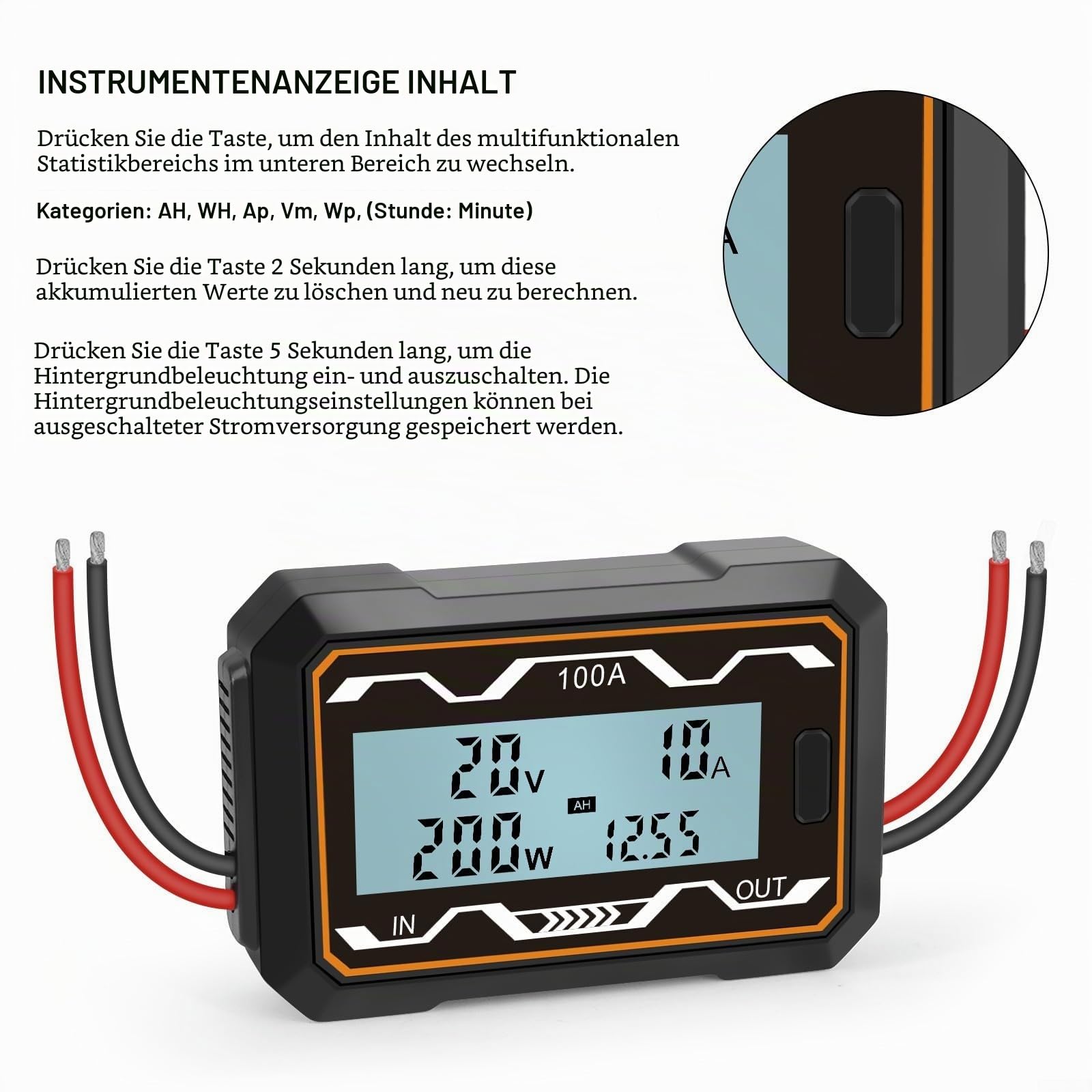 Solar Power Analyzer, 100/150/200A Digital Monitor Ampere Watt Meter mit Hintergrundbeleuchtung LCD Bildschirm RC Batterie Solar Power Meter Analyzer (100A)