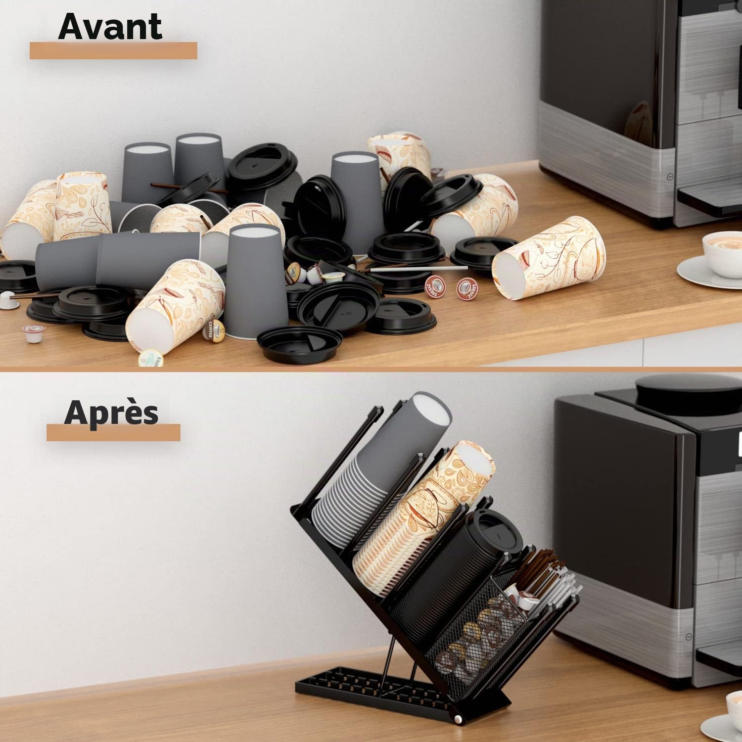 Ovicar Porte-gobelet et couvercle – Porte-gobelet réglable à 4 compartiments jetables avec panier en maille pour rangement de dosettes de café en métal (noir)