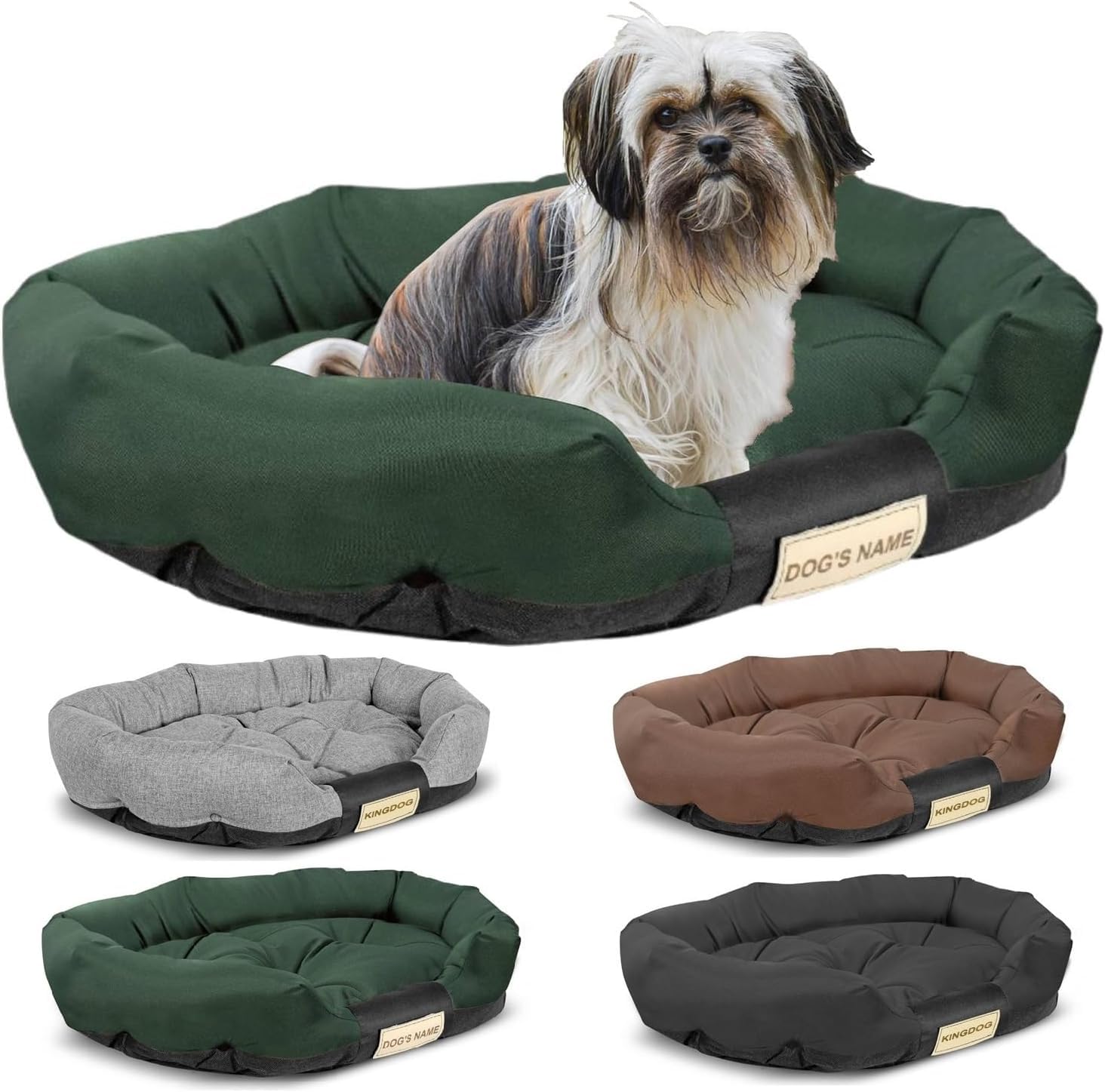 KING DOG Cama para perros grandes tamaño L 100 x 75 cm personalizable con el nombre del perro cojín impermeable para perros lavable sofá para perros para interiores tumbona verde