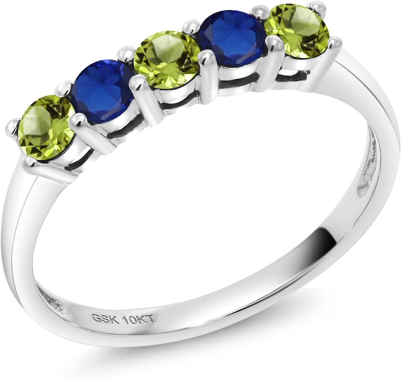 Gem Stone King 10K White Gold Green Peridot and Blue Created Sapphire 5 Stone Wedding Engagement Anniversary Promise Ring For Women (0.62 Cttw, Round 3MM, Gemstone August Birthstone)