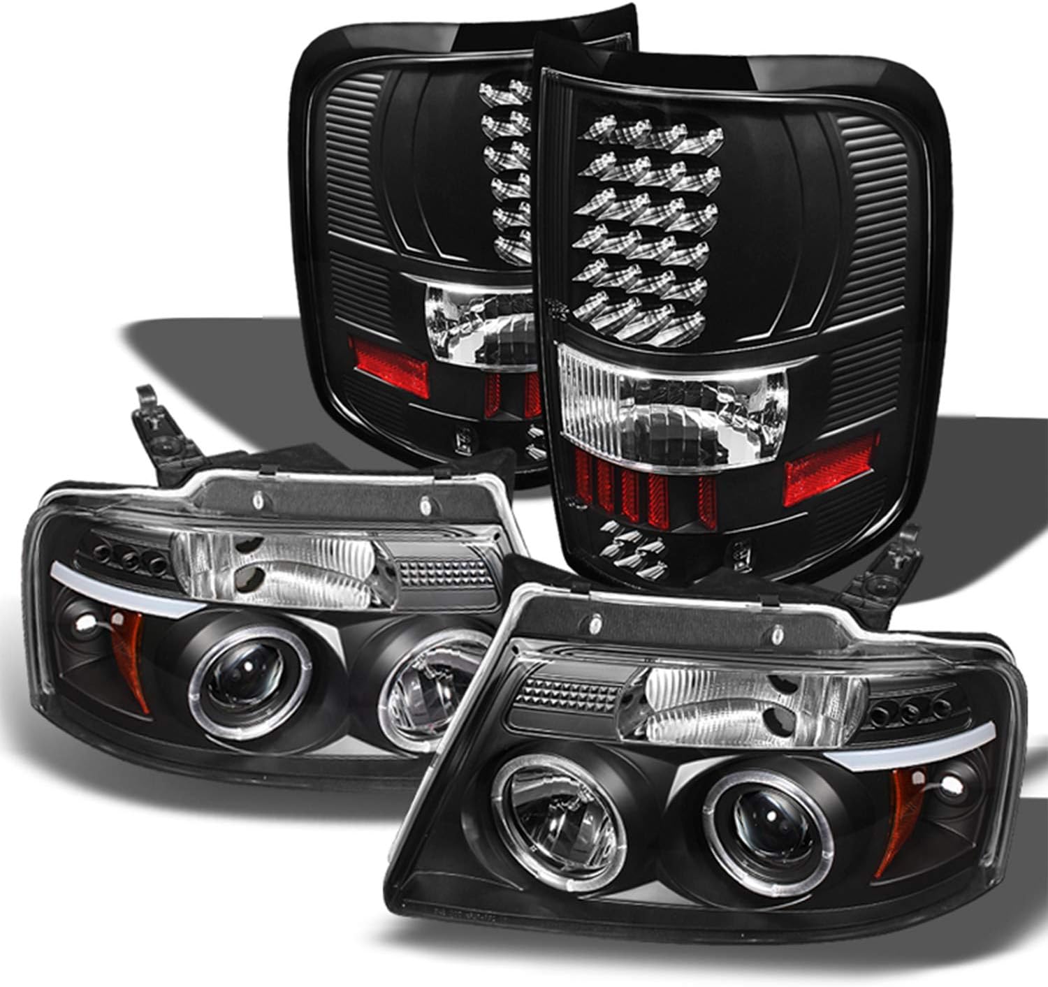 AKKON - For Ford F150 Pickup Black Bezel Dual LED G2 Projector Headlights + Tail Lamp Set