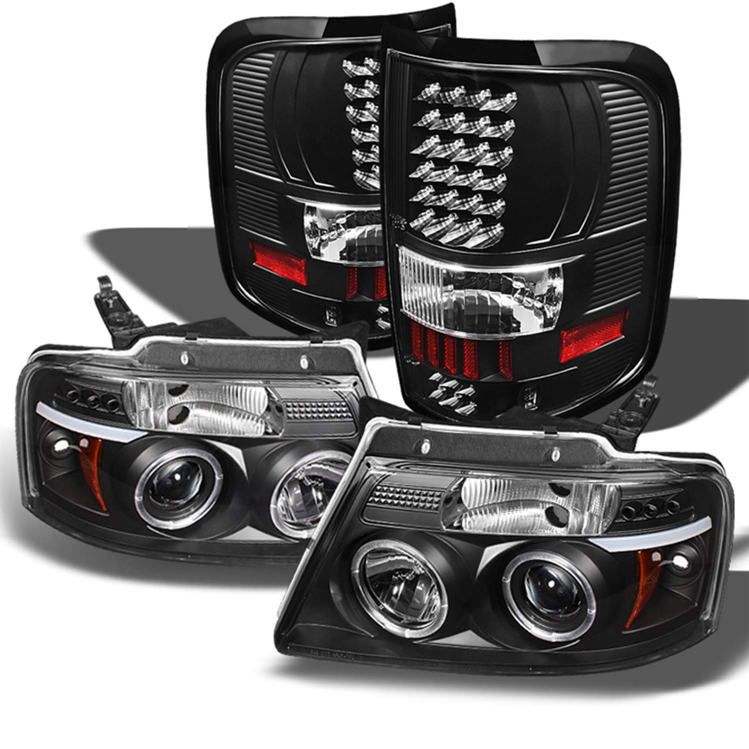 AKKON - For Ford F150 Pickup Black Bezel Dual Halo LED G2 Projector Headlights + Tail Lamp Set