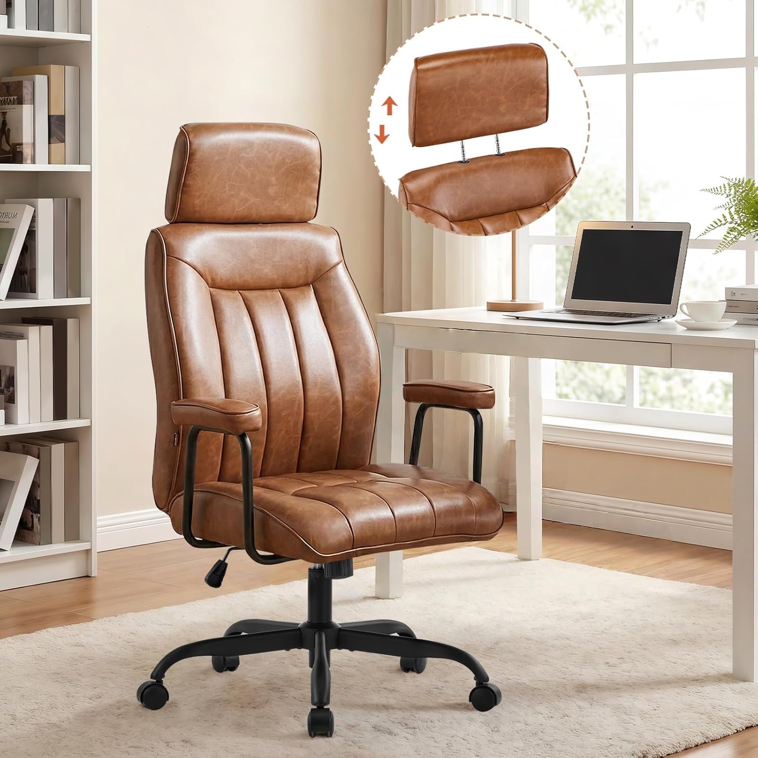 Bürostuhl Ergonomisch, PU Leder Chefsessel mit Verstellbarer Kopfstütze, Schreibtischstuhl mit Gepolsterter Armlehnen und Höhenverstellbar, Neigefunktion, Drehstuhl Mit Rollen, Braun