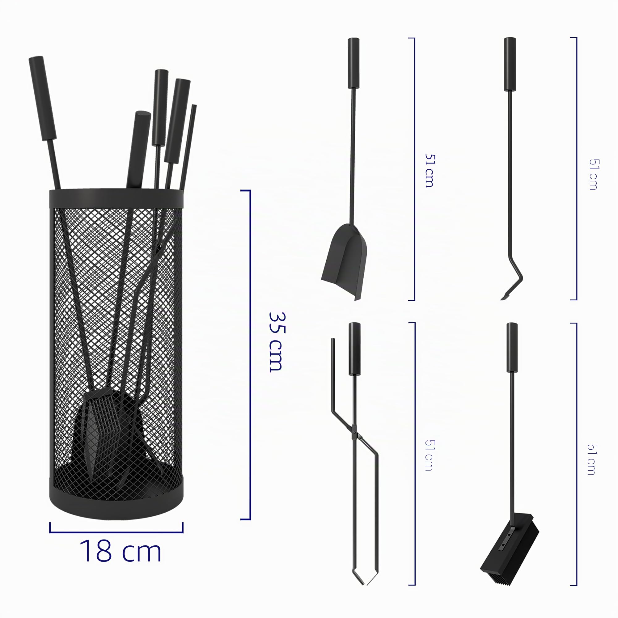 Kingson Ensemble noir de 5 accessoires arrondis pour cheminée comprenant seau, pelle, tisonnier, brosse et pinces, seau de 17 x 35 cm, outils de 51 cm, accessoires pour poêle à bûches