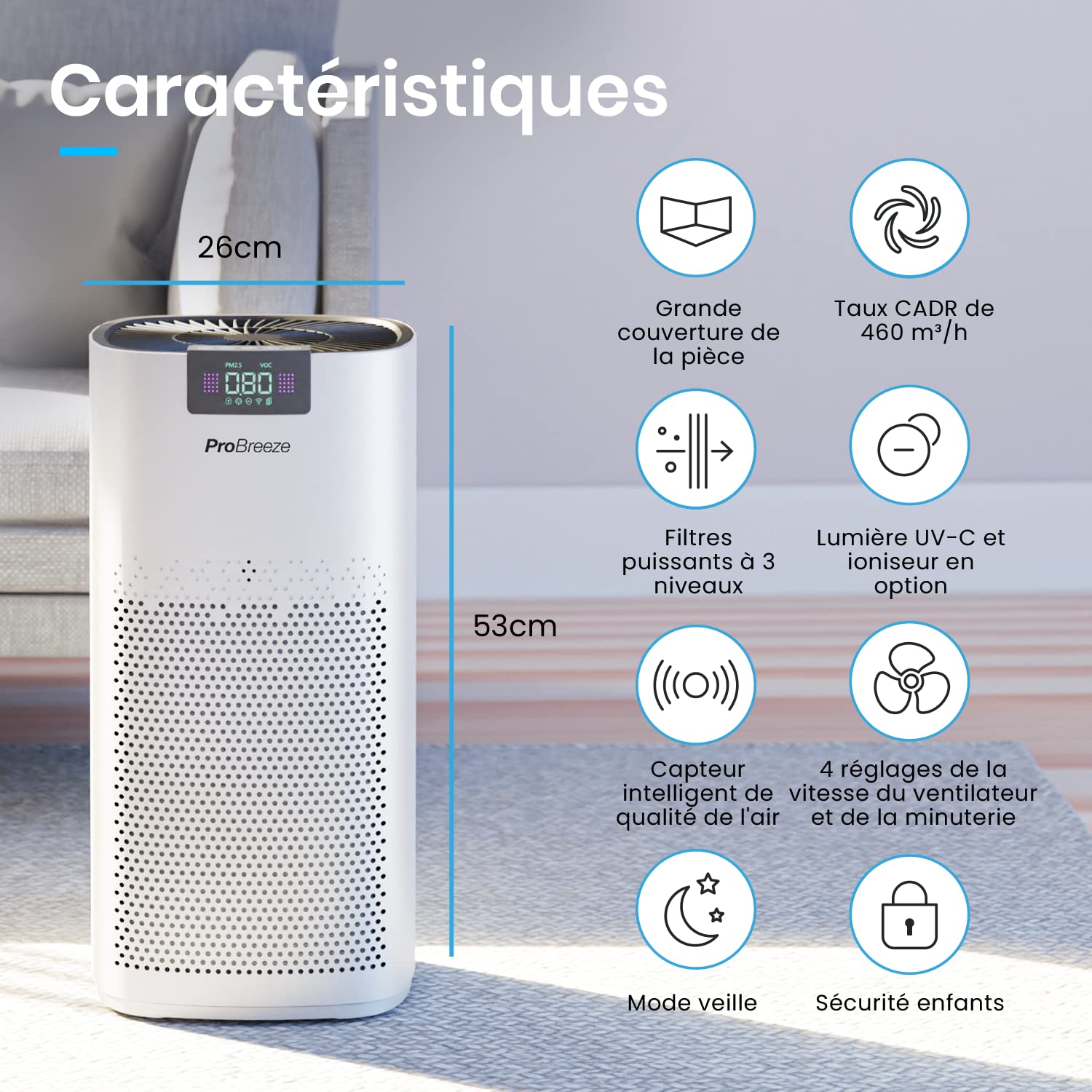 Pro Breeze Purificateur d'air ultra-puissant avec lampe UV-C, ioniseur d'air, système de filtration à 3 couches, filtre HEPA, CADR 460m³, pièces jusqu'à 140m² - Efficacité de filtration jusqu'à 99,95%
