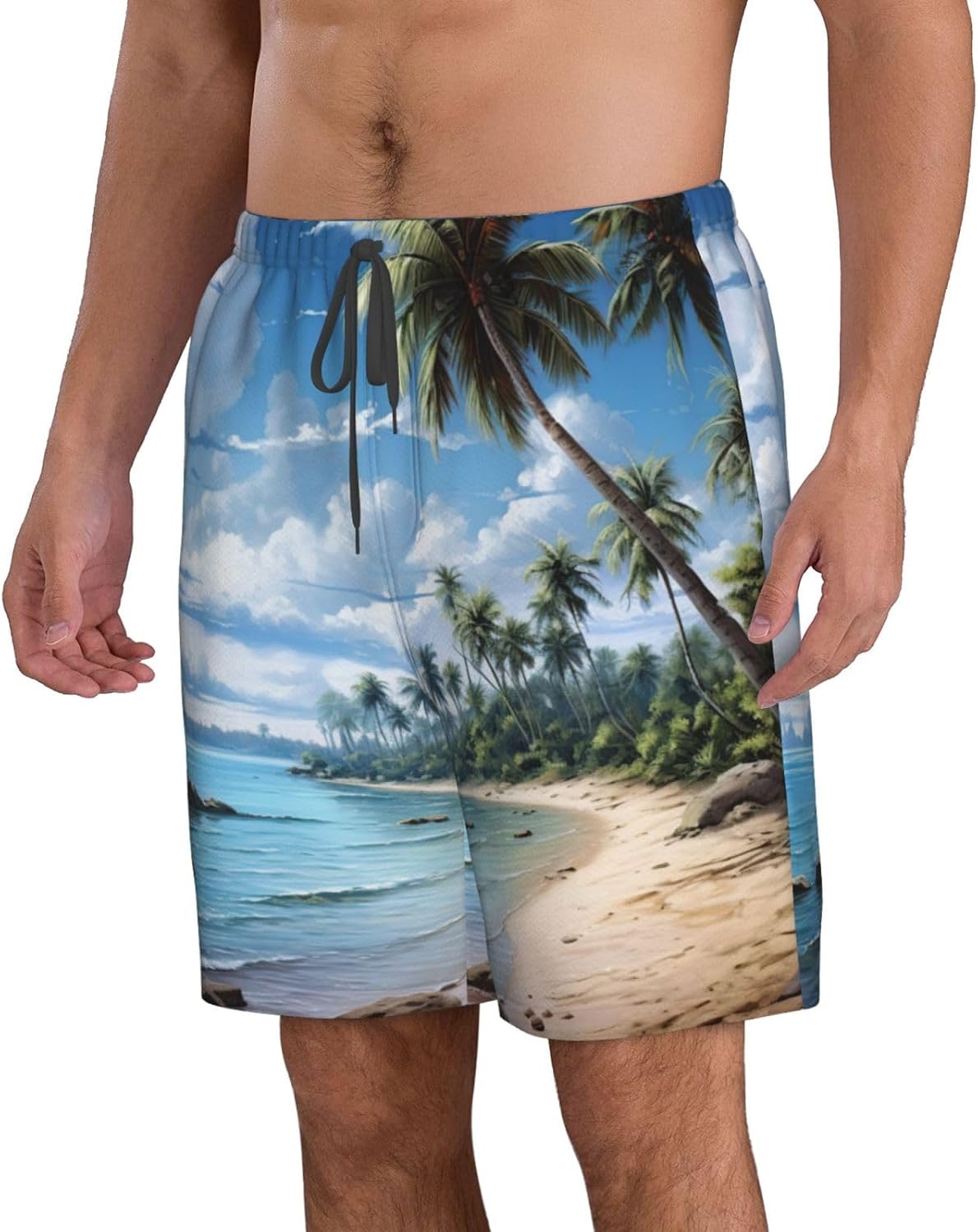Mens Sandy Beach Print Beach Shorts,Casual Summer Shorts for Men,Quick Dry Polyester