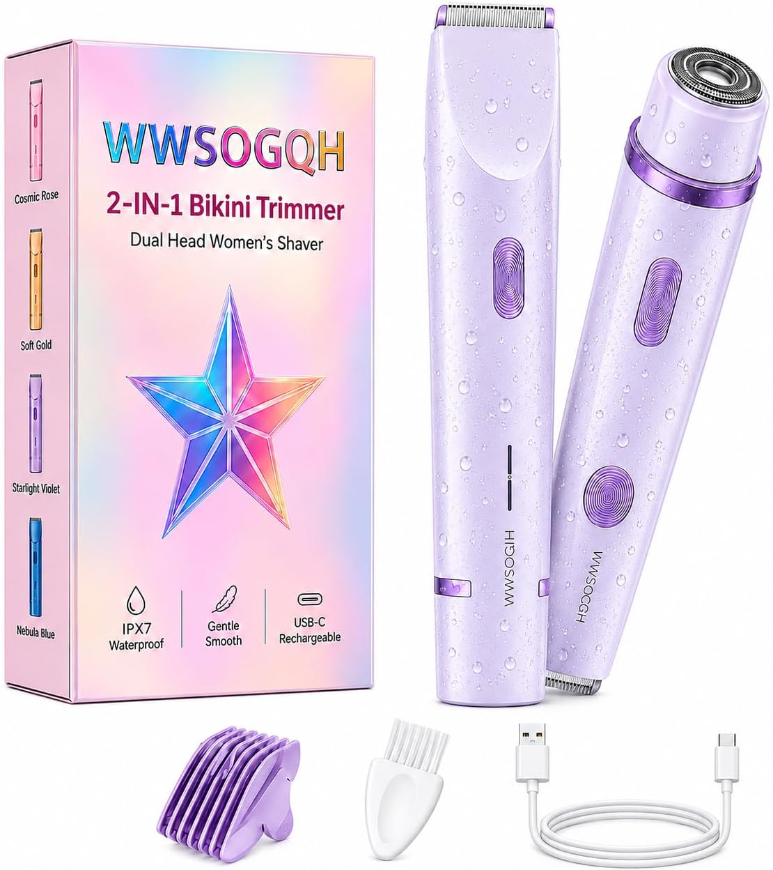 Bikini Trimmer for Women 2 in 1 Electric Pubic Hair Shaver Dual Head IPX7 Waterproof Razors Wet and Dry Use Face Hair Removal for Bikini Line Underarms Legs Body Face