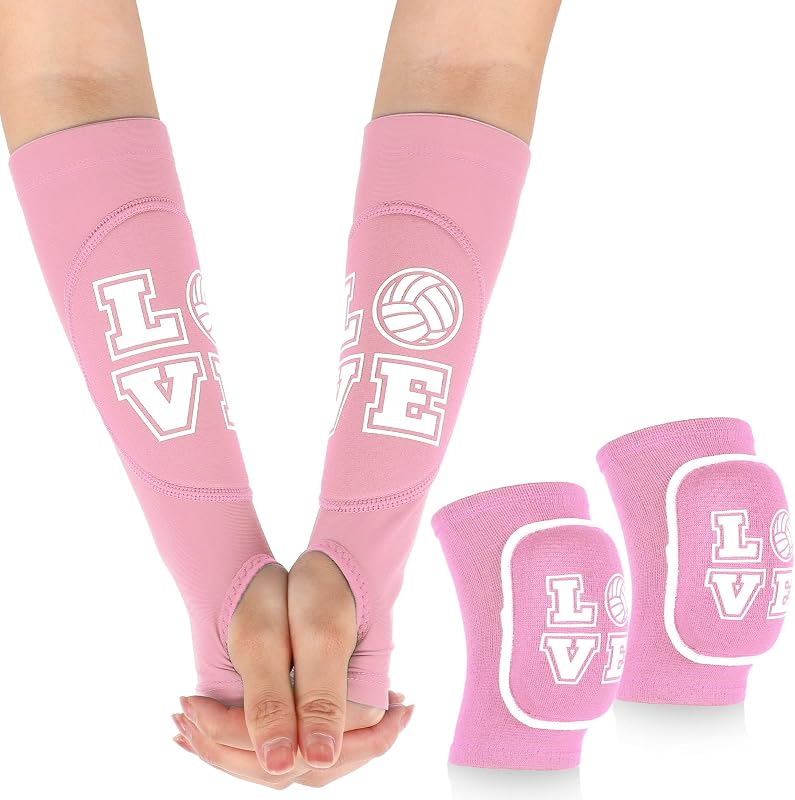 Volleyball Knee Pads and Volleyball Arm Sleeves with Protection Pad Forearm Elbow Sleeve with Thumb Hole Volleyball Accessories Gear for Girls Women (2 Pairs,Pink,Volleyball)