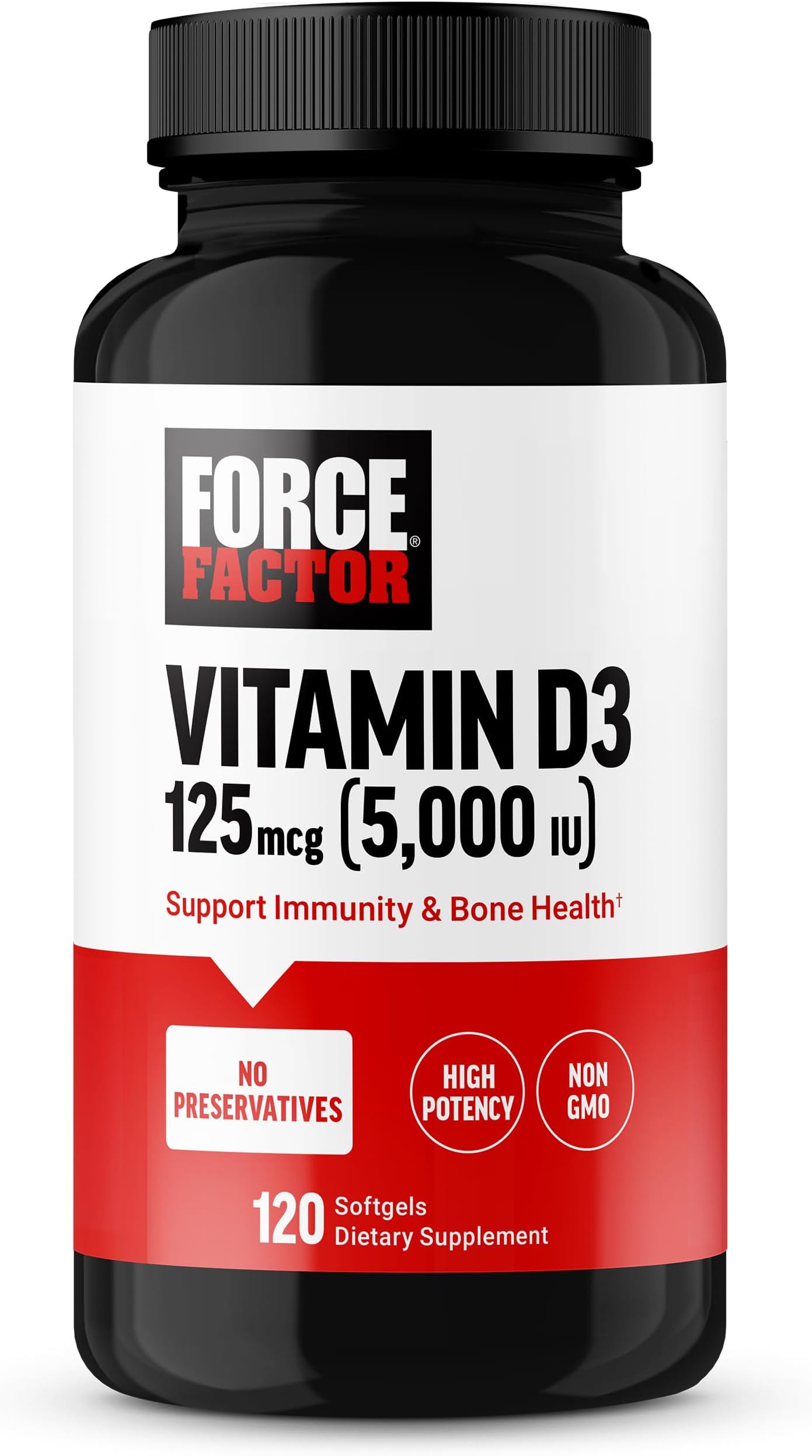 Force Factor Vitamin D3 5000 IU Softgels, High-Potency Vitamin D Supplement to Support Immunity and Bone Health, Premium Quality, No Preservatives, 120 Softgels