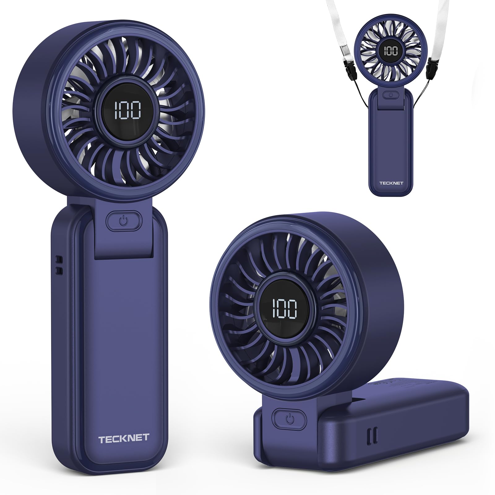 TECKNET Handheld Fan, Portable Fan with 5000mAh, Hand Held USB Rechargeable Fan with LED Display, 150° Foldable, 1-100 Speed Mini Electric Desk Fan for Travel Home Office Bedroom Outdoor, Blue