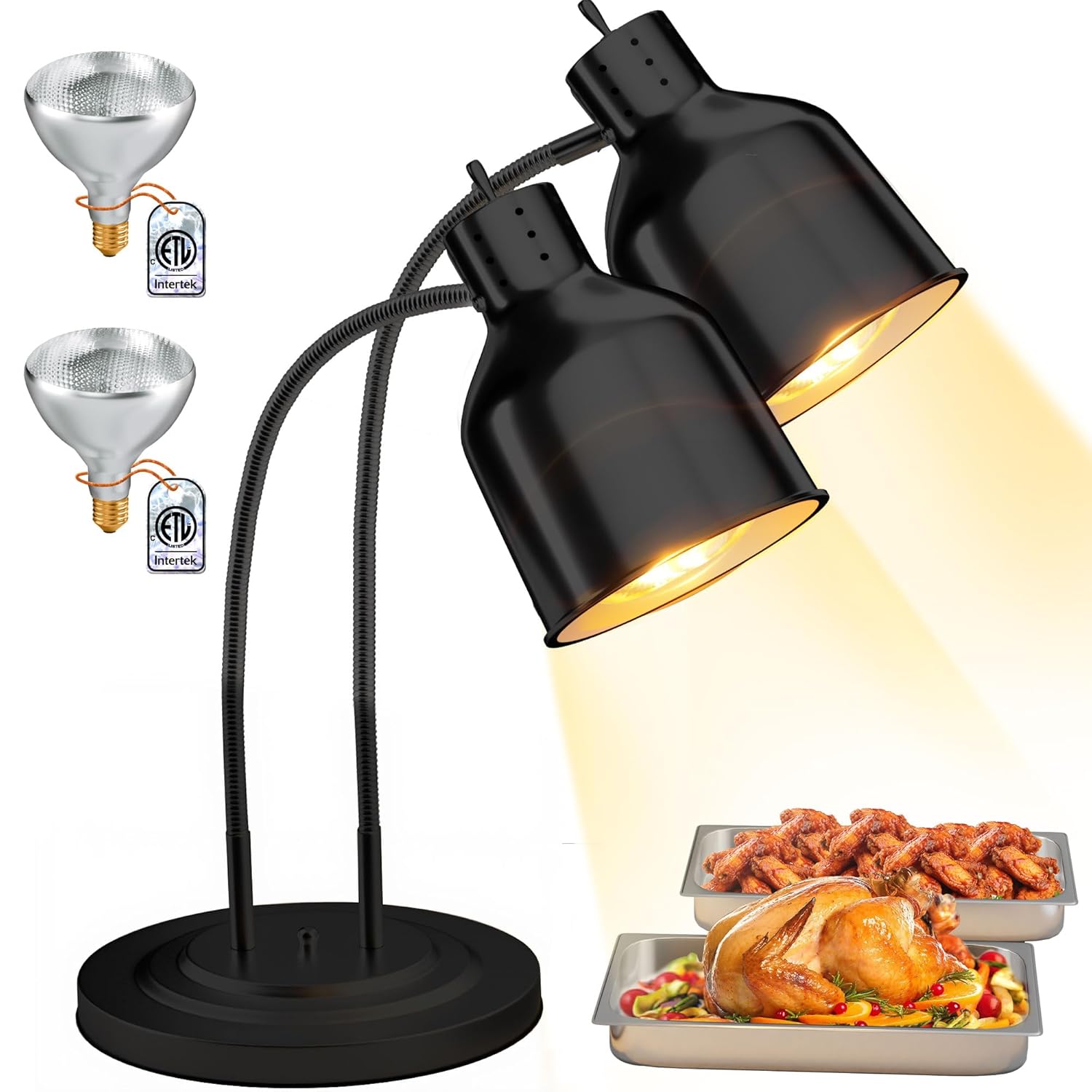 WantJoin Food Heat Lamp - Dual Head Commercial for Food Heating Warmer Heater Portable Electric Warming Lights for Catering Food Service Restaurant Buffet Kitchen with Extra Bulb, Black