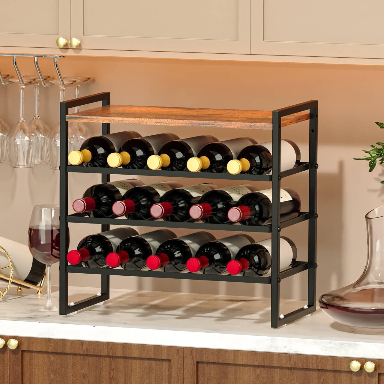4-Tier Wine Rack Countertop, 15 Bottle Wine Rack for Inside Cabinet, Metal Wine Bottle Holder with Table Top, Wine Storage Shelf for Kitchen, Bar, Dining Room
