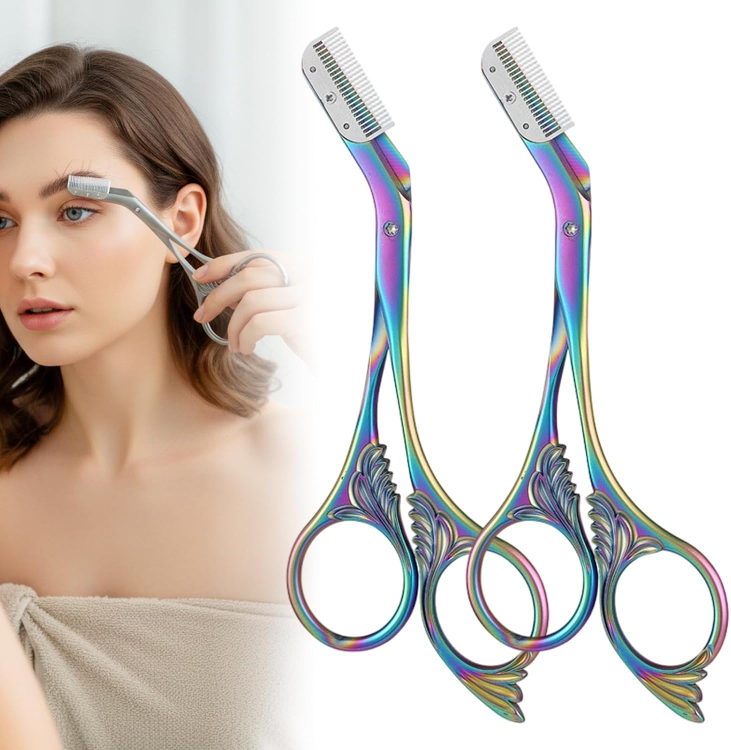 Eyebrow Trimmer Scissor with Comb, Eyebrow Scissors for Women, Stainless Steel Precision Eyebrow Cutter Hair Removal Makeup Tool for Women and Men (Color 2PC)