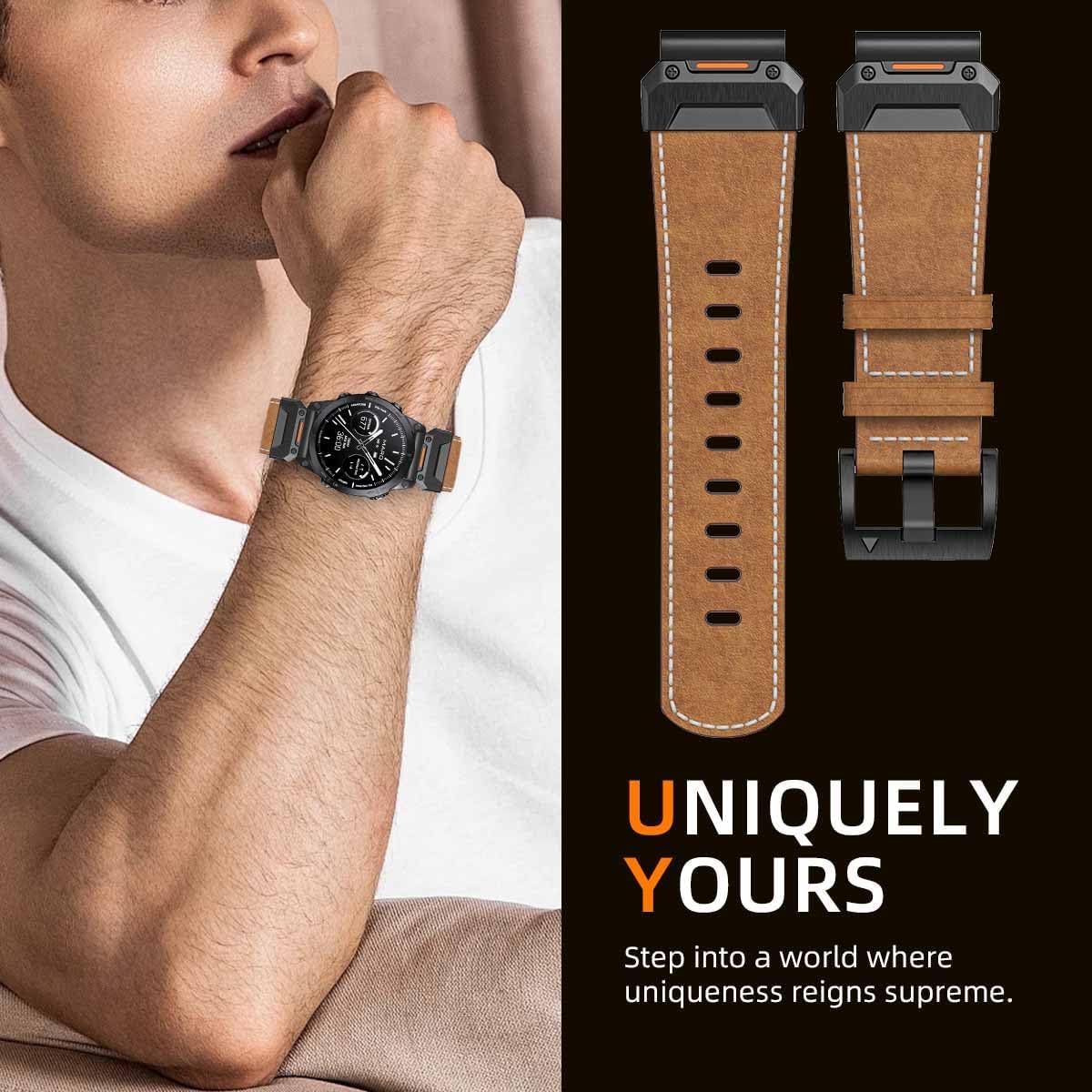 Genuine Leather Ultra Bands 22mm 26mm Designed for Garmin Fenix 8 47mm 51MM/Fenix 5/Fenix 6/Fenix 7/Fenix 5X Plus/Fenix 3/Fenix 6X Pro, Quick Fit Rugged Military Band for Fenix 5X/6X/7X/Forerunner 935/Men - Image 4