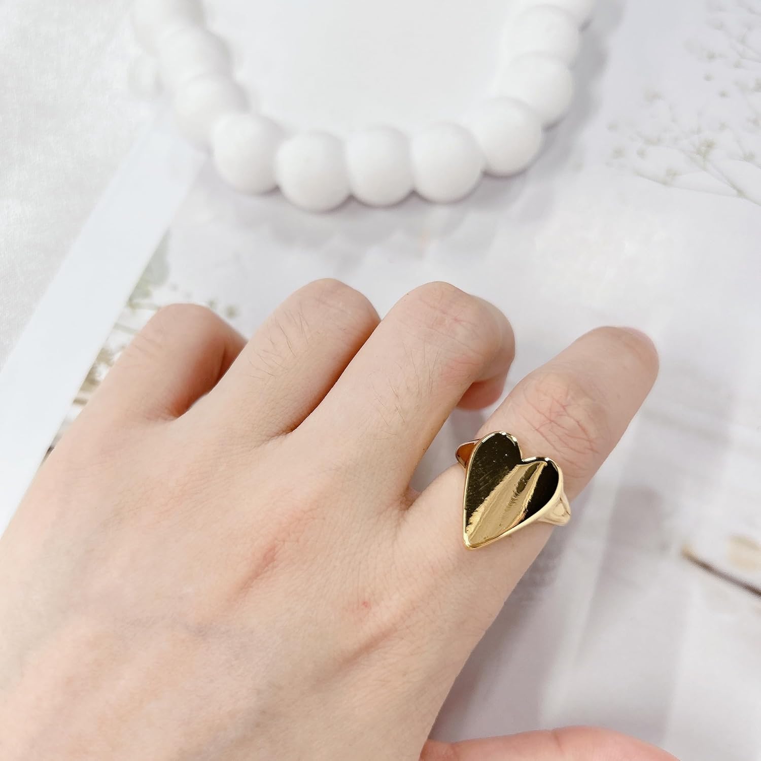 Classic Dome Heart Statement Ring for Women Open Band Stylish Stackable Wide Polished Gold Big Love Comfort Fit Knuckle Finger Rings Adjustable Wedding Promise Engagement Party Fashion Jewelry for Her - Image 3