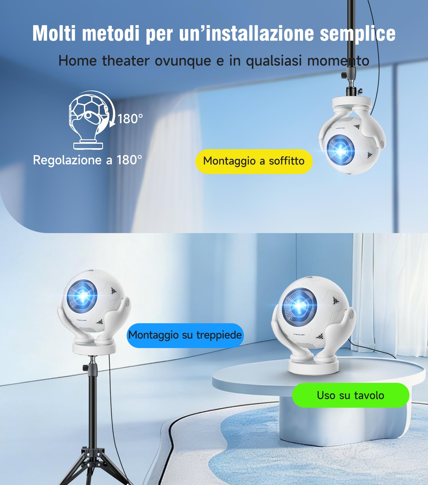Magcubic Proiettore Portatile 4K, Android 14 con WiFi 6 e BT 5.4 | Mini Videoproiettore 1080P a Forma di Pallone da Calcio, Rotazione 180°, Focale Auto, Proiettore per Home Cinema, Gaming